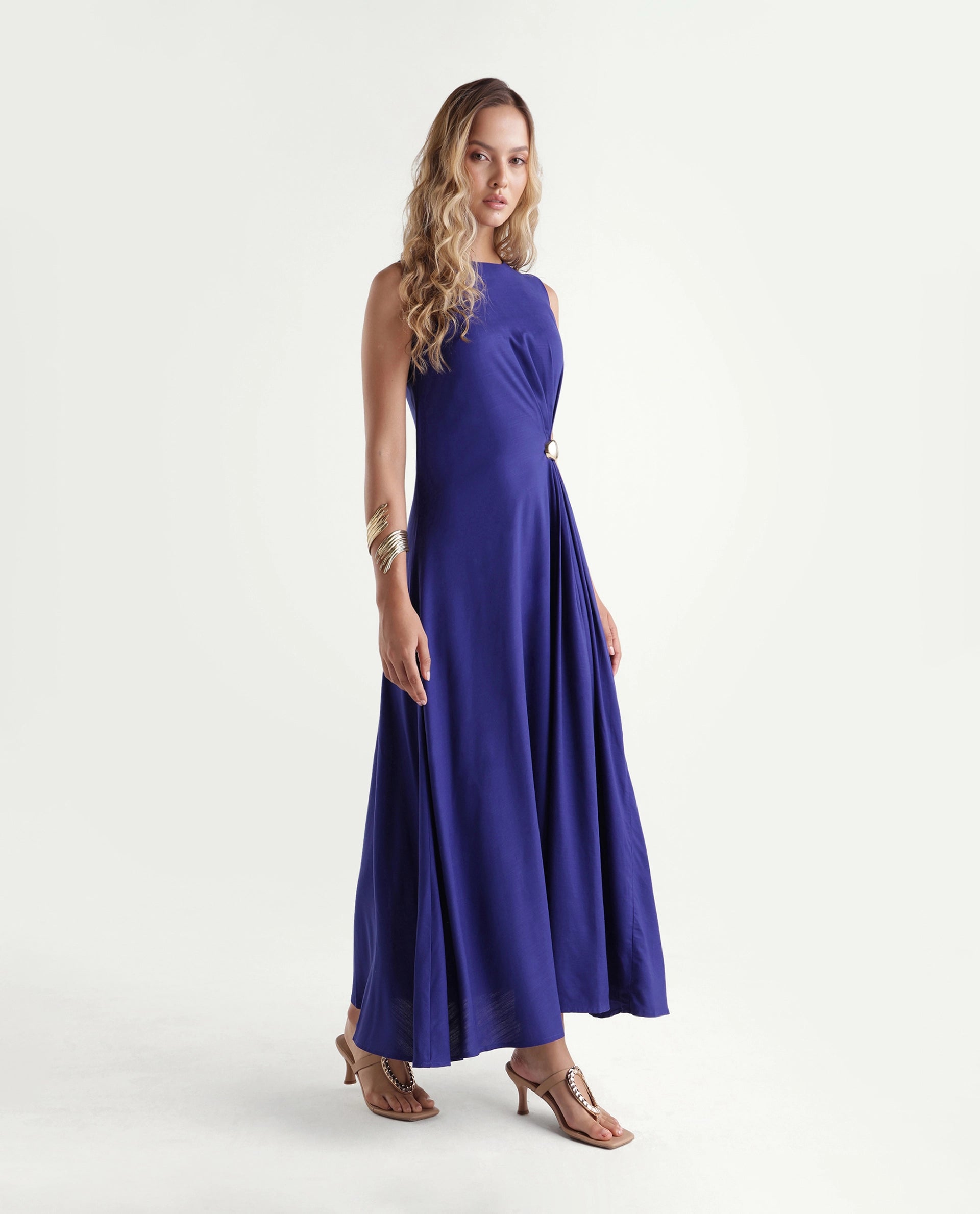 Rareism Women's Kensero Navy Viscose Fabric Crew Neck Fit And Flare Plain Dress