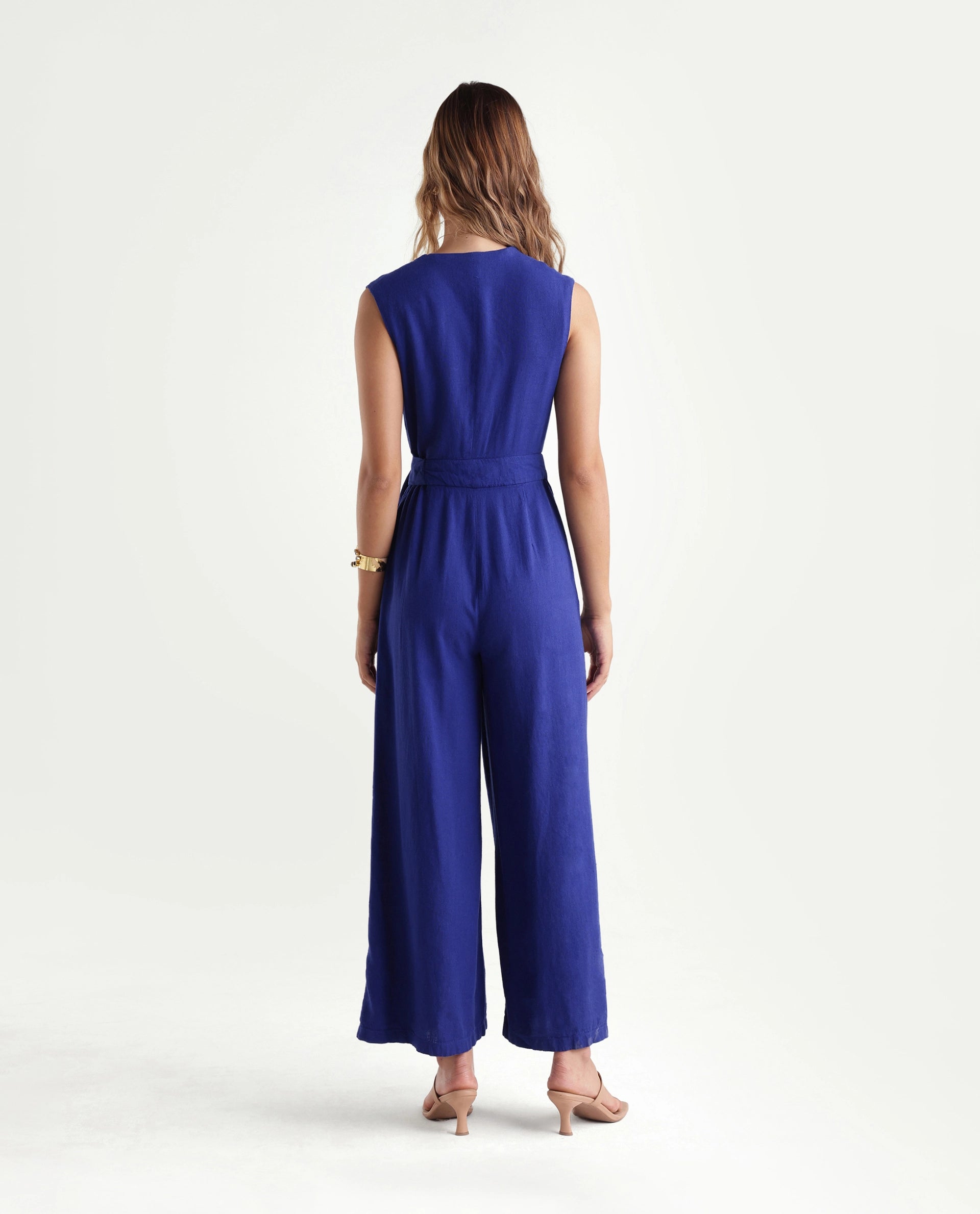 Rareism Women's Kento Navy Linen Blend Fabric Over Lap Regular Plain Jump Suit