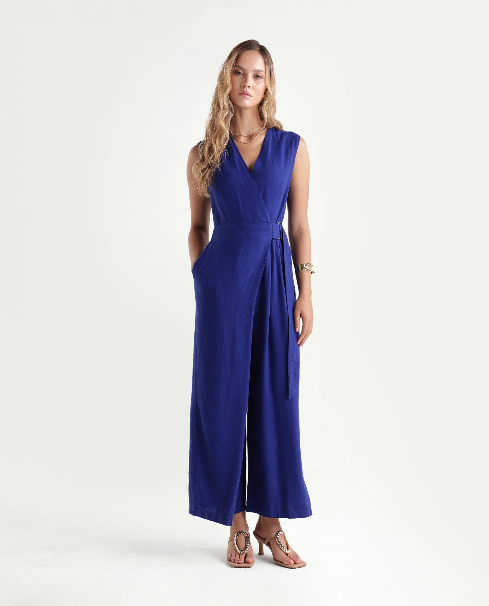 Rareism Women's Kento Navy Linen Blend Fabric Over Lap Regular Plain Jump Suit
