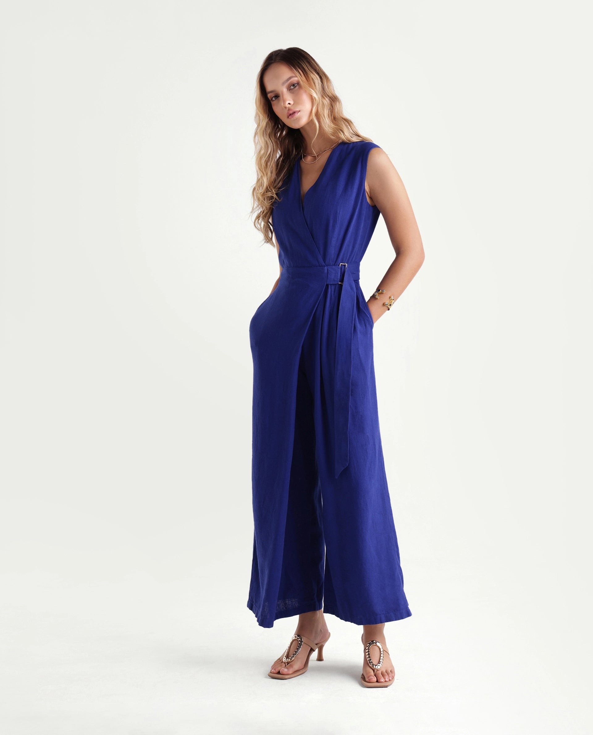 Rareism Women's Kento Navy Linen Blend Fabric Over Lap Regular Plain Jump Suit