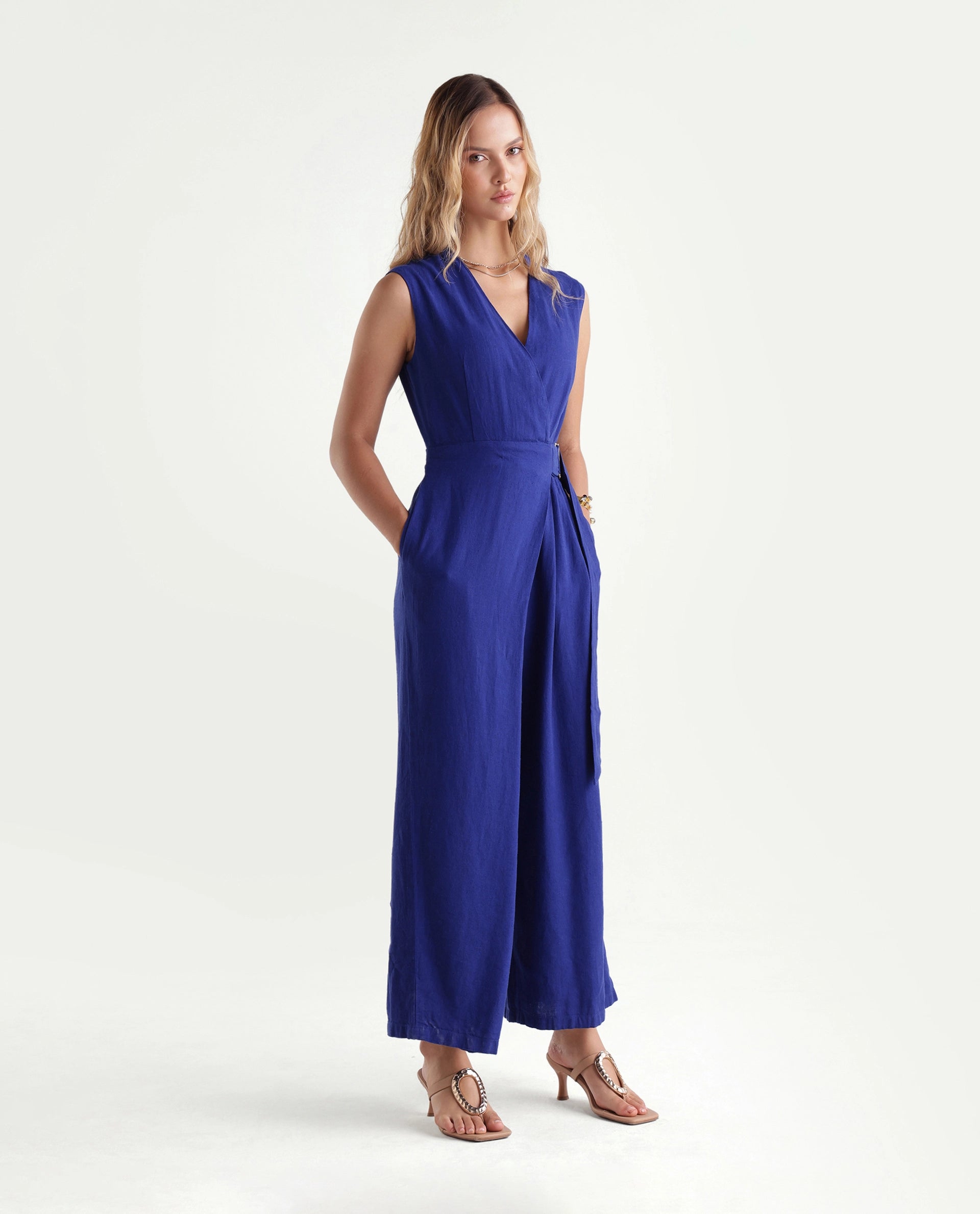 Rareism Women's Kento Navy Linen Blend Fabric Over Lap Regular Plain Jump Suit