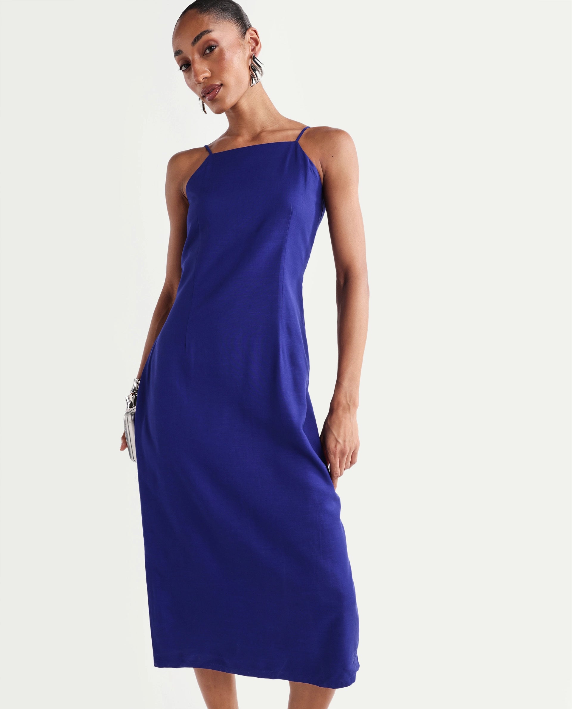 Rareism Women's Kira Navy Viscose Square Neck Fitted Plain Dress
