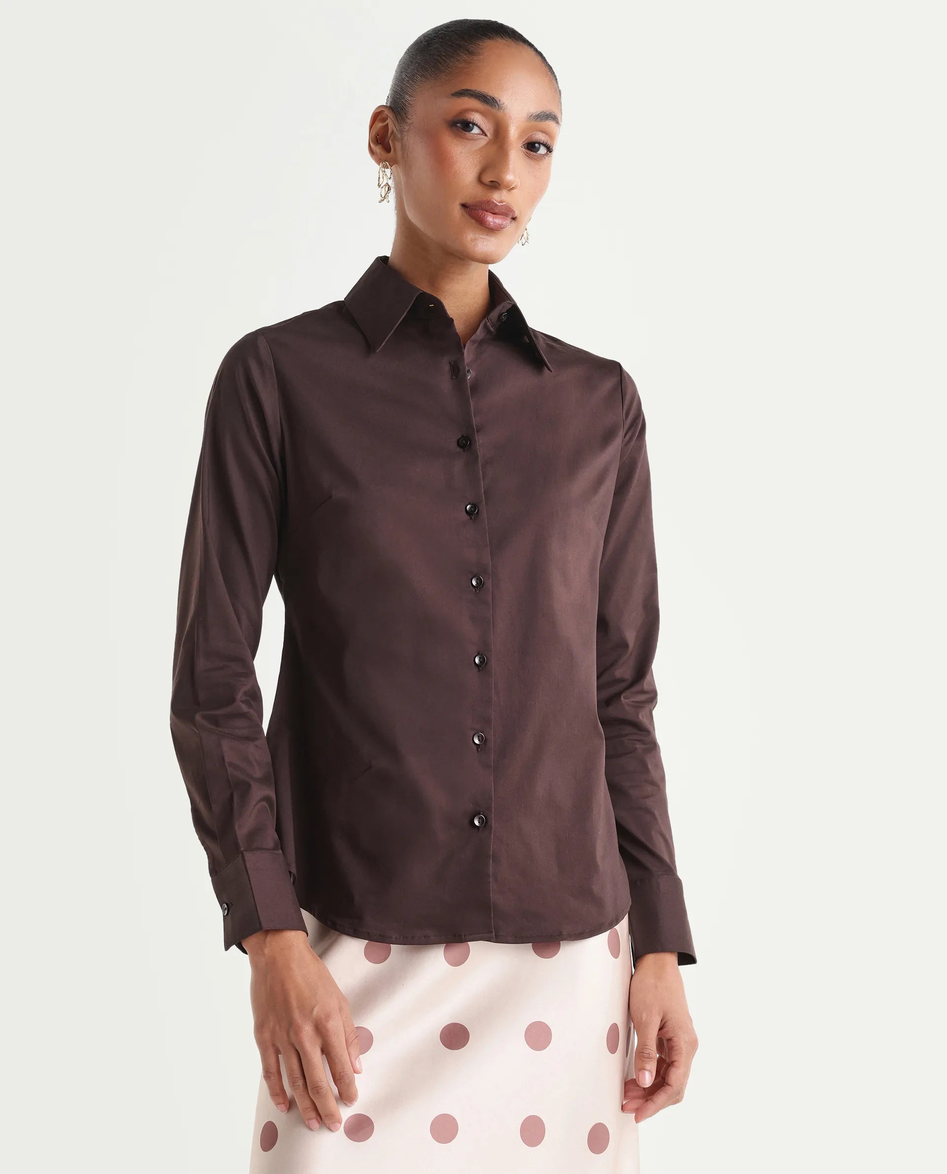 Rareism Women's Maven Brown Cotton Blend Spread Collar Fitted Plain Shirt