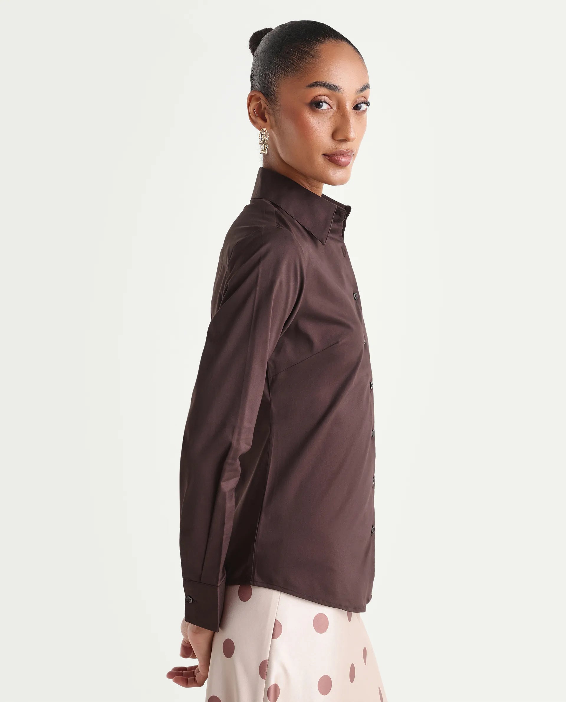 Rareism Women's Maven Brown Cotton Blend Spread Collar Fitted Plain Shirt