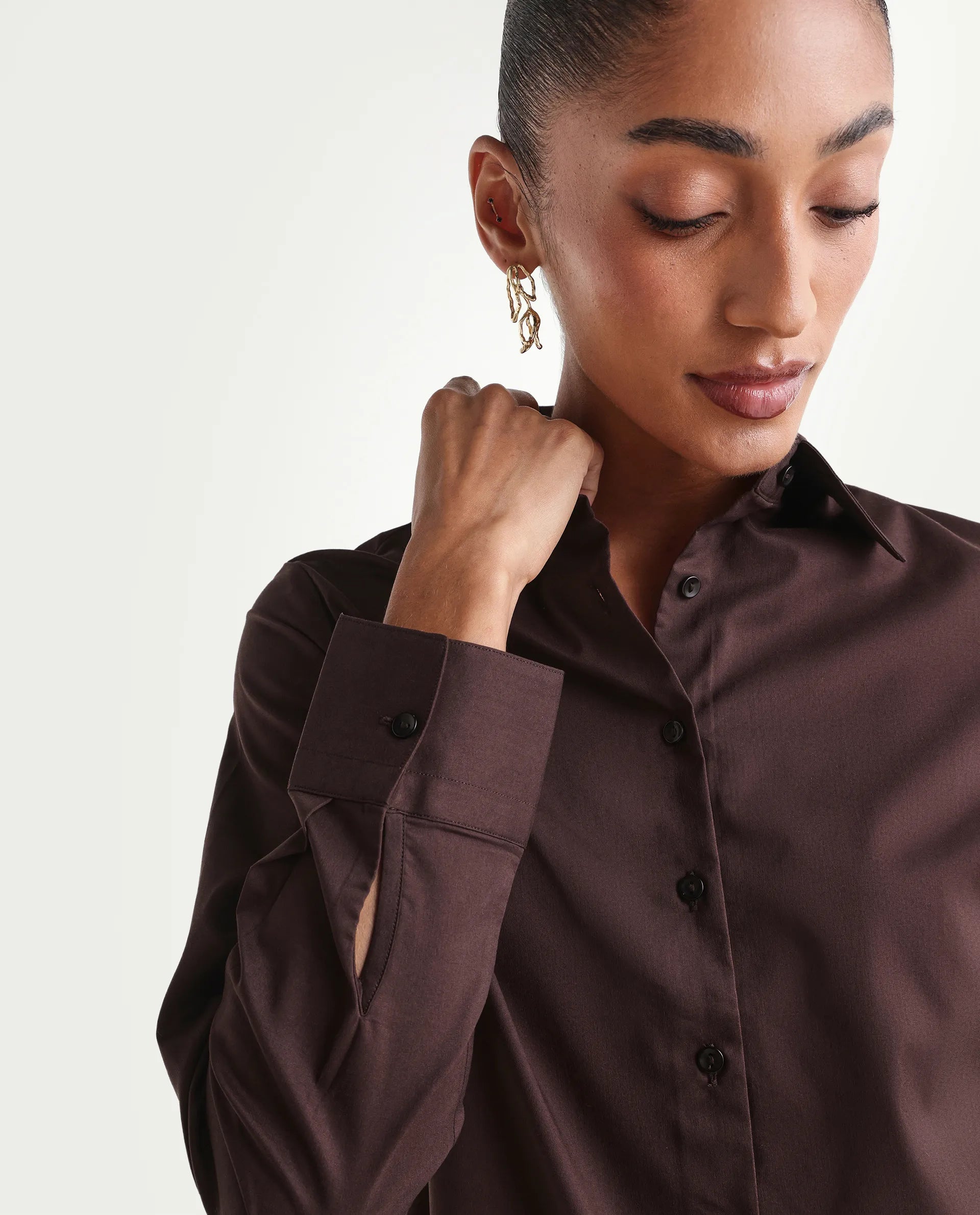 Rareism Women's Maven Brown Cotton Blend Spread Collar Fitted Plain Shirt