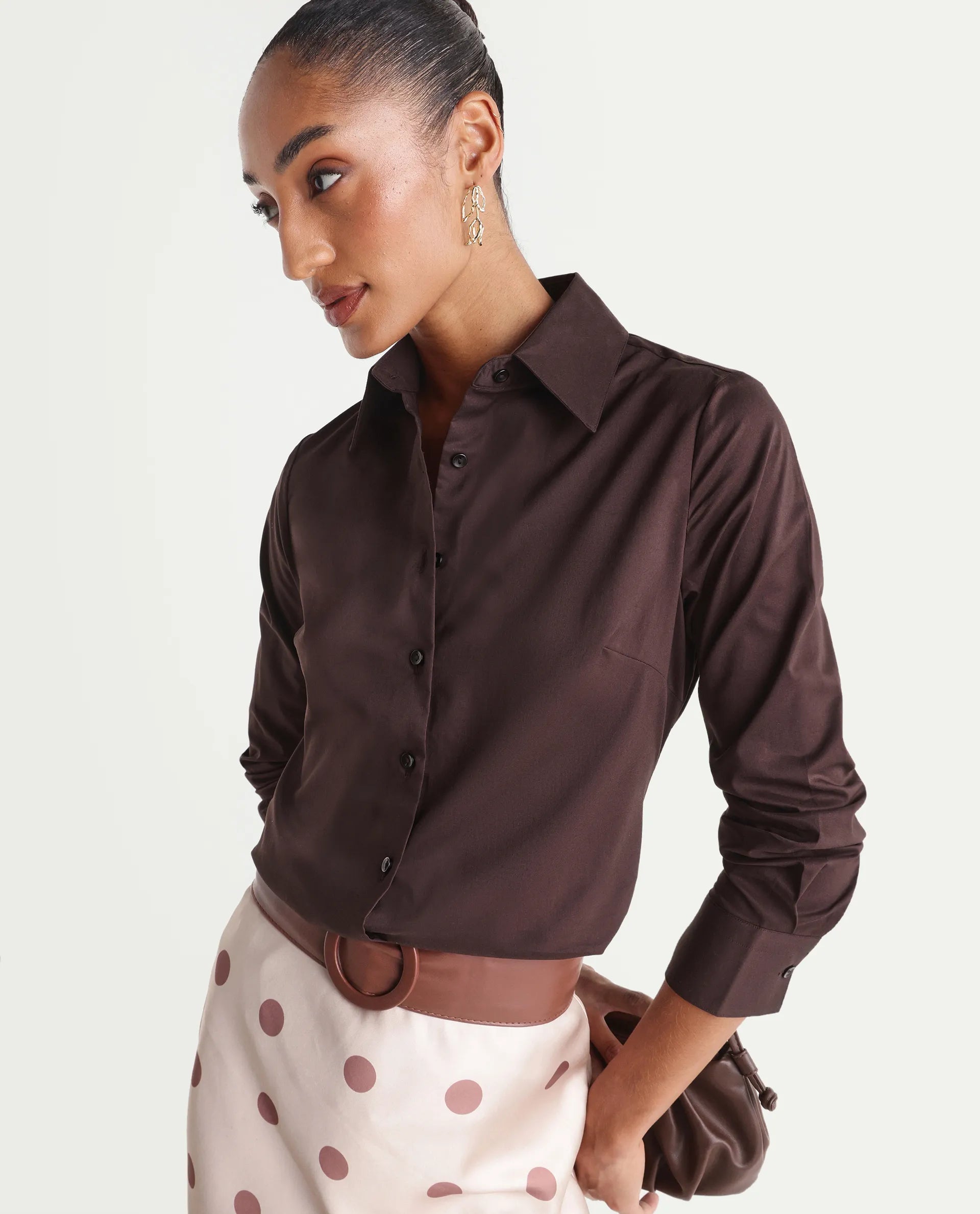 Rareism Women's Maven Brown Cotton Blend Spread Collar Fitted Plain Shirt
