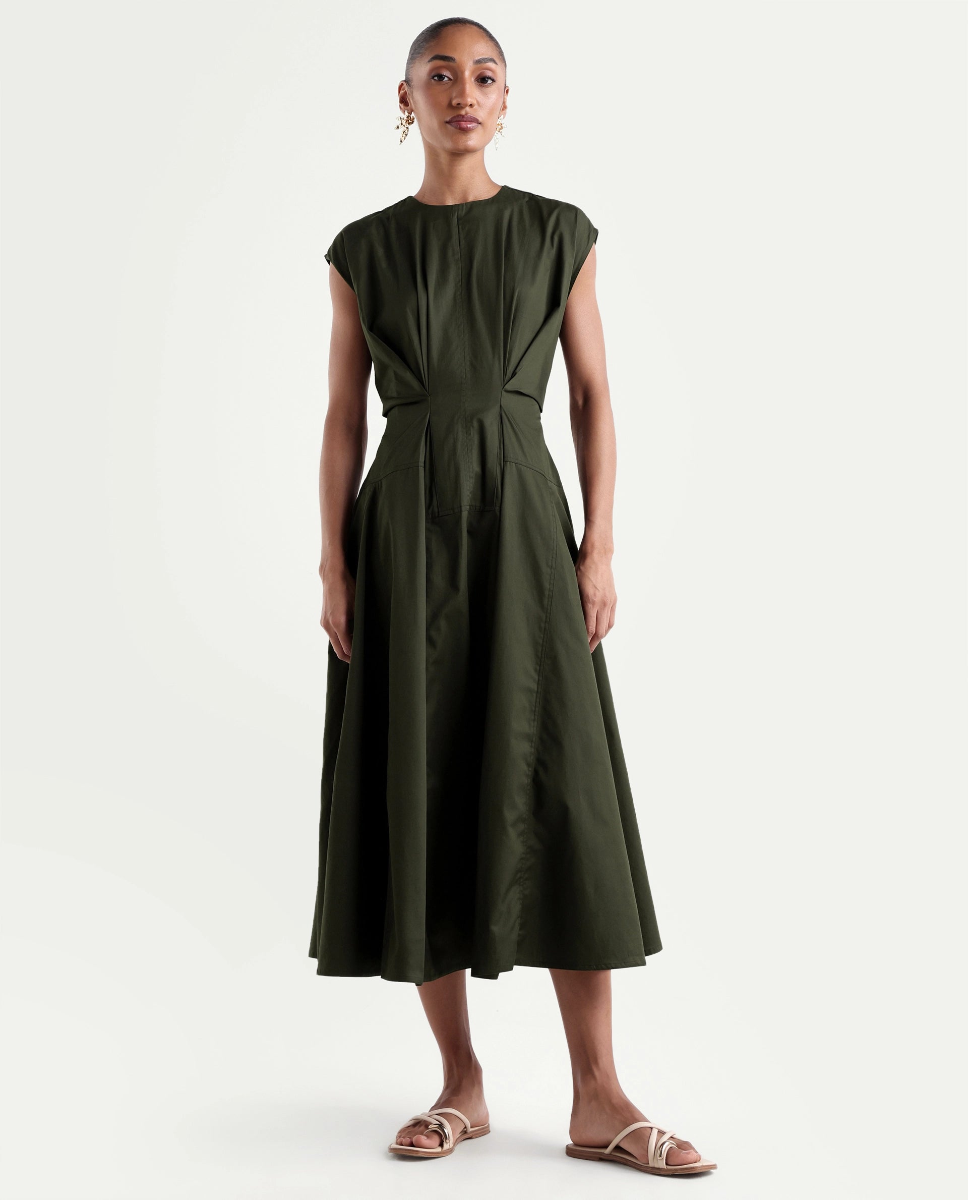 Rareism Women's Onky Olive Cotton Crew Neck Button Relaxed Plain Dress