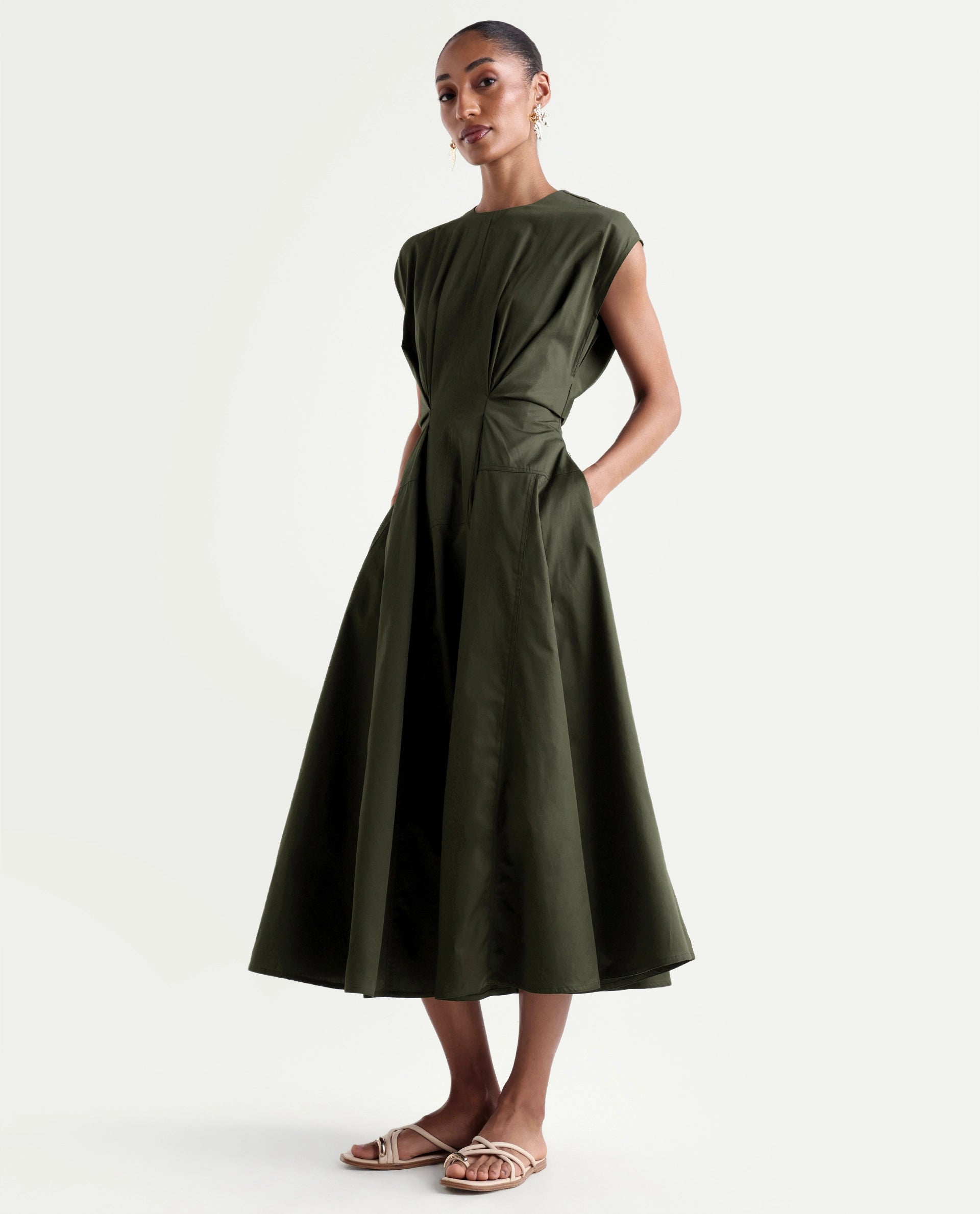Rareism Women's Onky Olive Cotton Crew Neck Button Relaxed Plain Dress