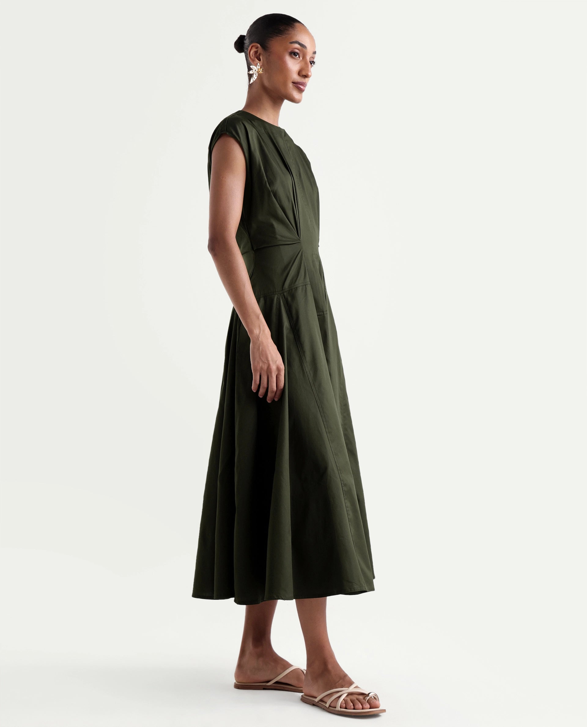 Rareism Women's Onky Olive Cotton Crew Neck Button Relaxed Plain Dress