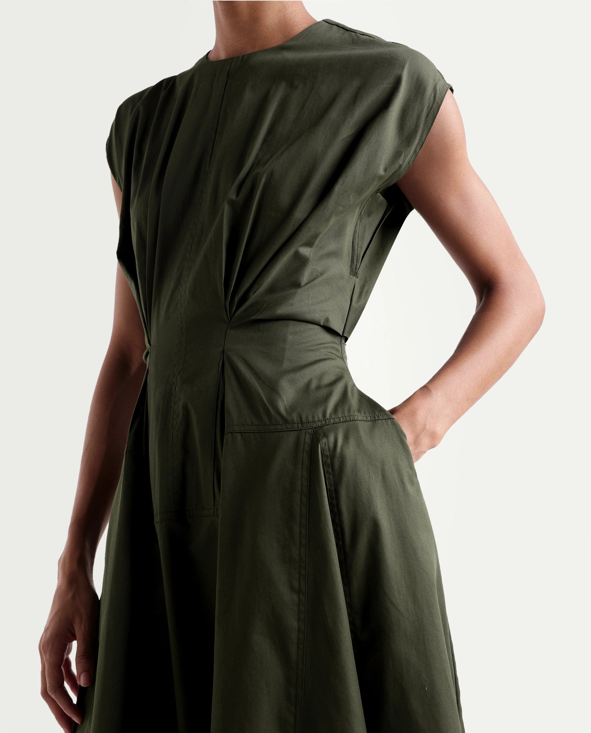 Rareism Women's Onky Olive Cotton Crew Neck Button Relaxed Plain Dress