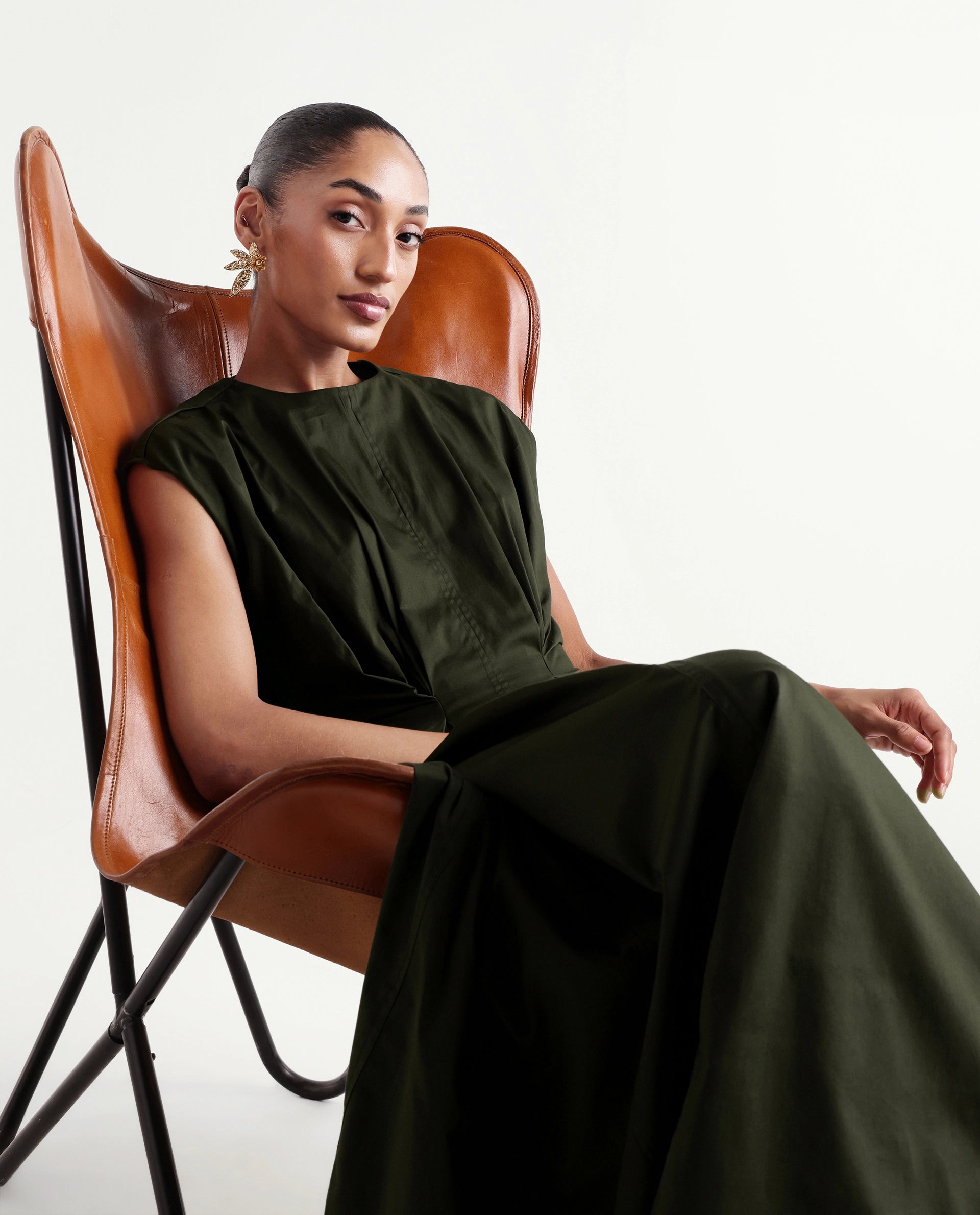 Rareism Women's Onky Olive Cotton Crew Neck Button Relaxed Plain Dress