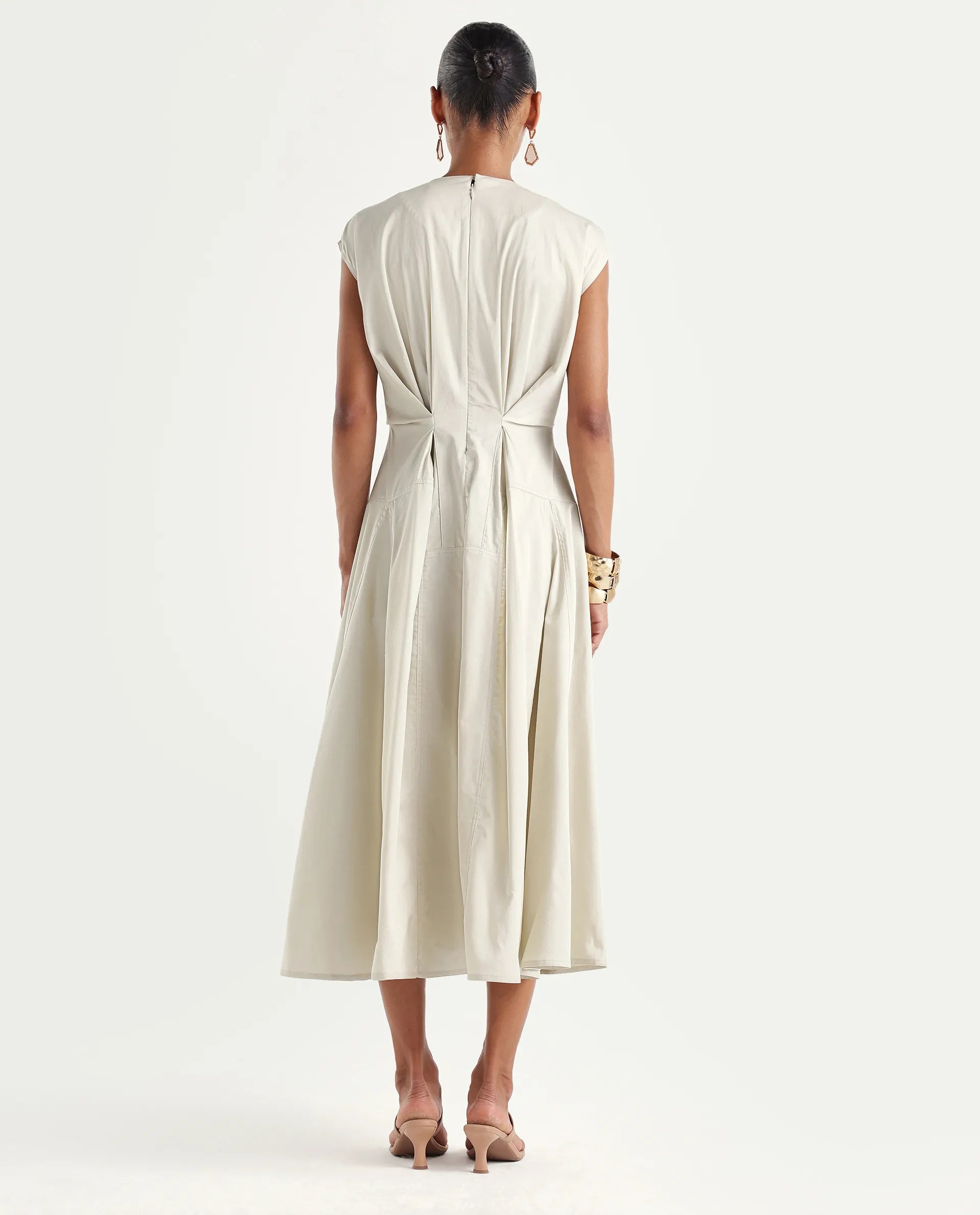 Rareism Women's Onky Beige Cotton Crew Neck Button Relaxed Plain Dress