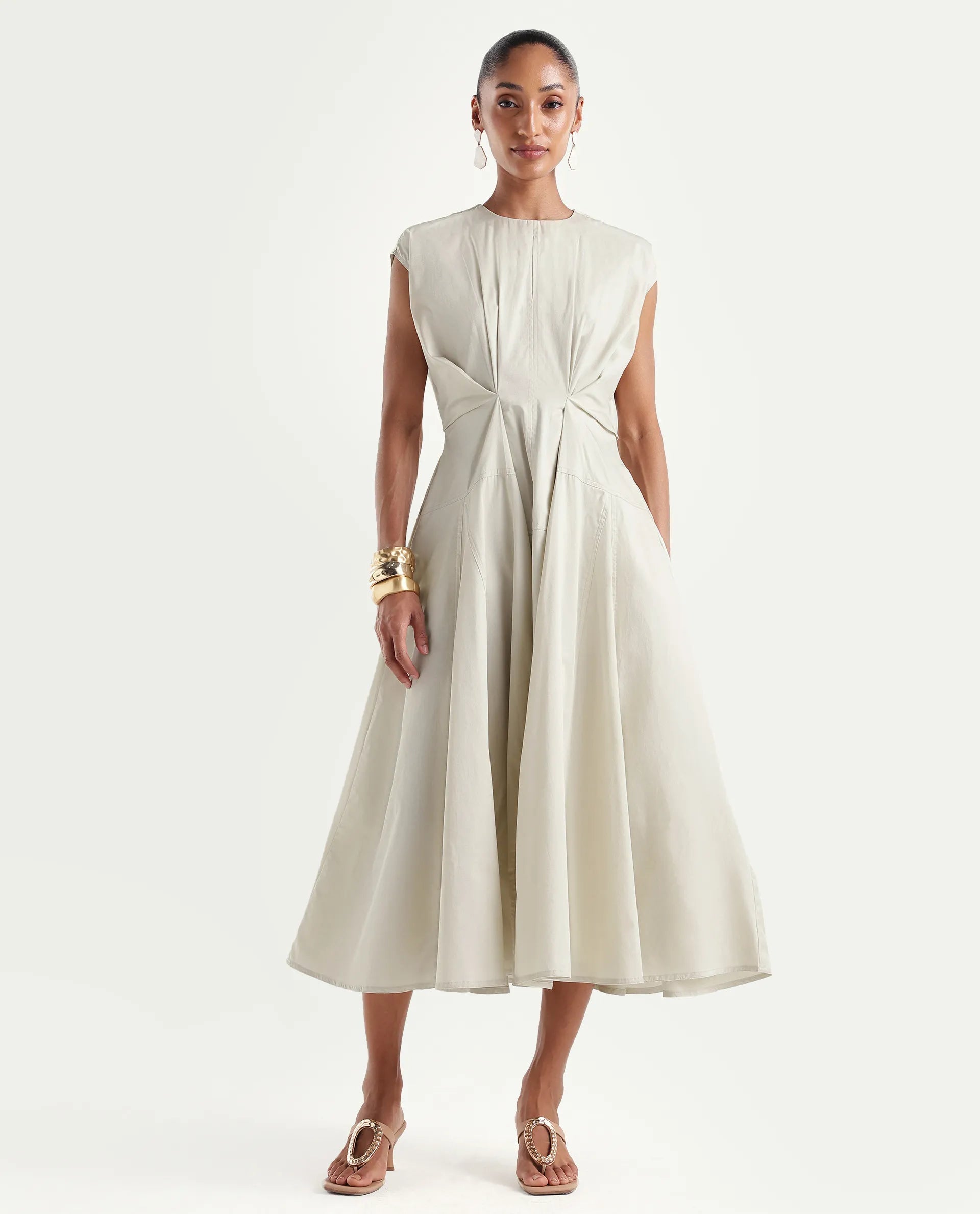 Rareism Women's Onky Beige Cotton Crew Neck Button Relaxed Plain Dress