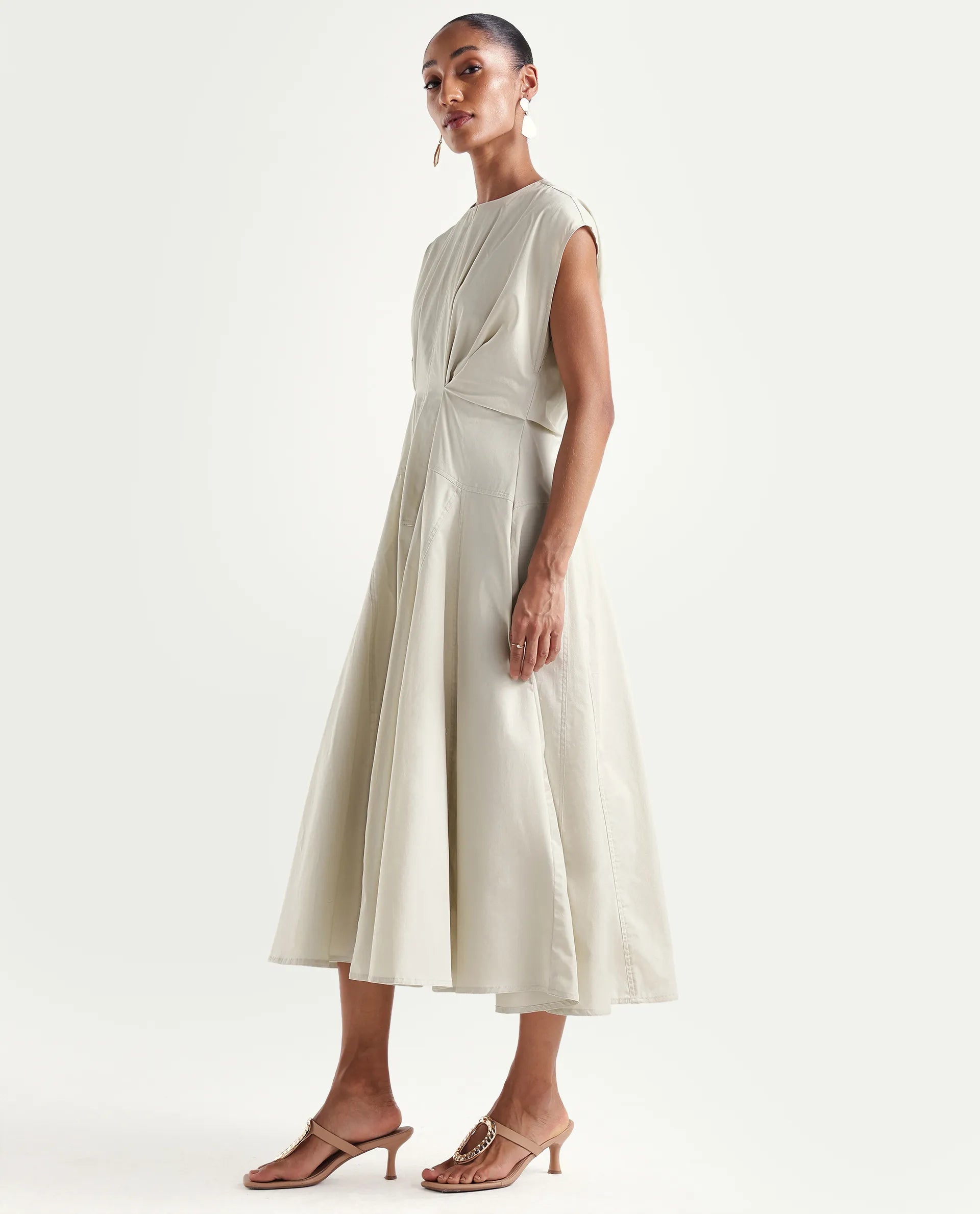 Rareism Women's Onky Beige Cotton Crew Neck Button Relaxed Plain Dress