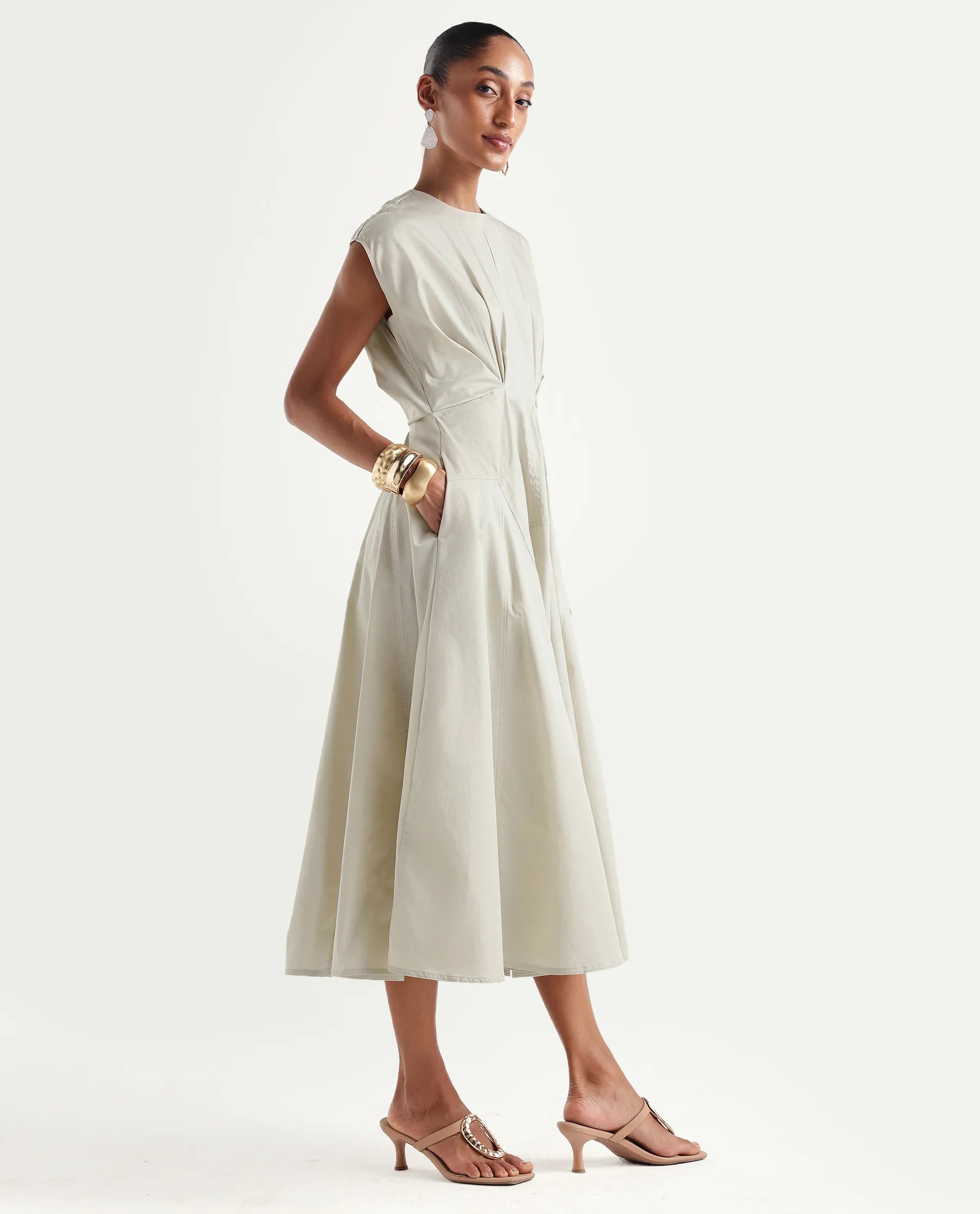 Rareism Women's Onky Beige Cotton Crew Neck Button Relaxed Plain Dress