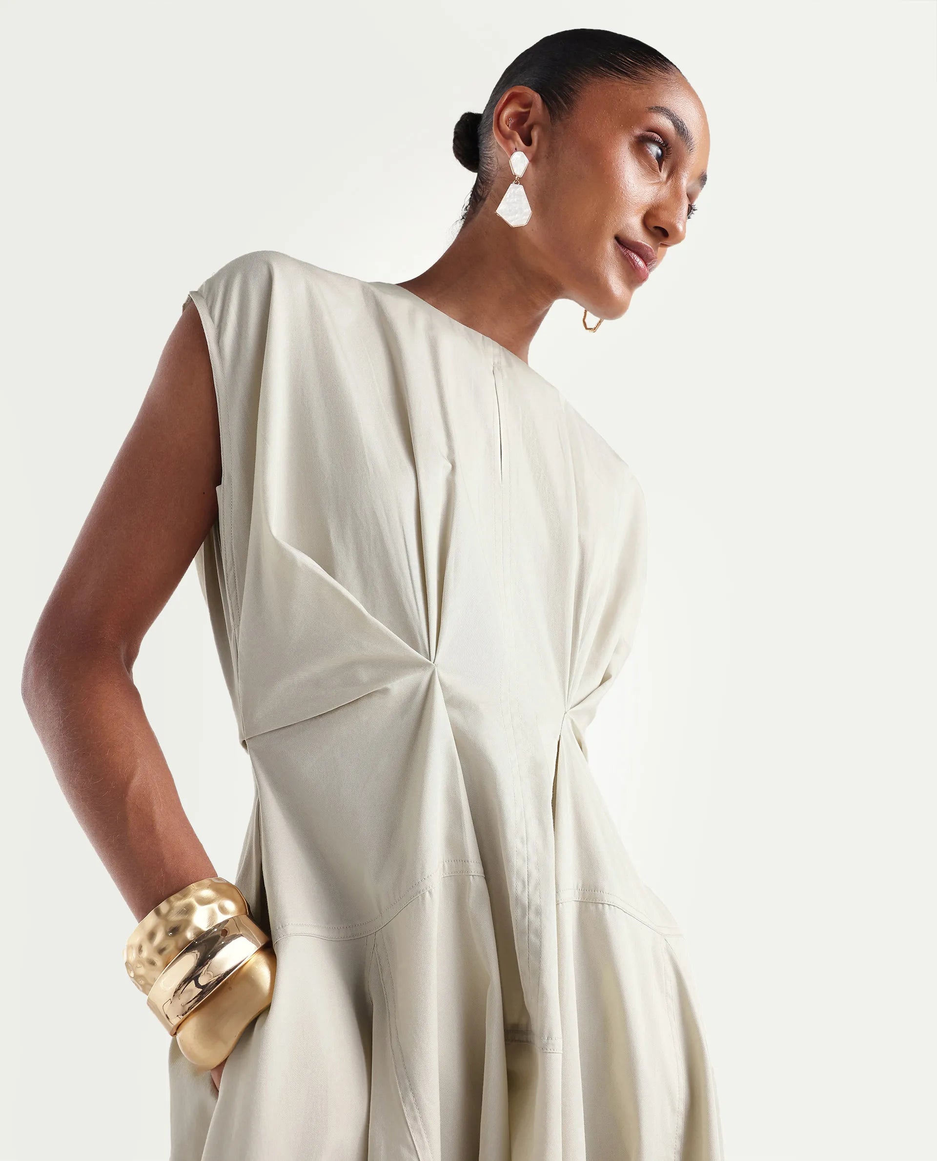 Rareism Women's Onky Beige Cotton Crew Neck Button Relaxed Plain Dress