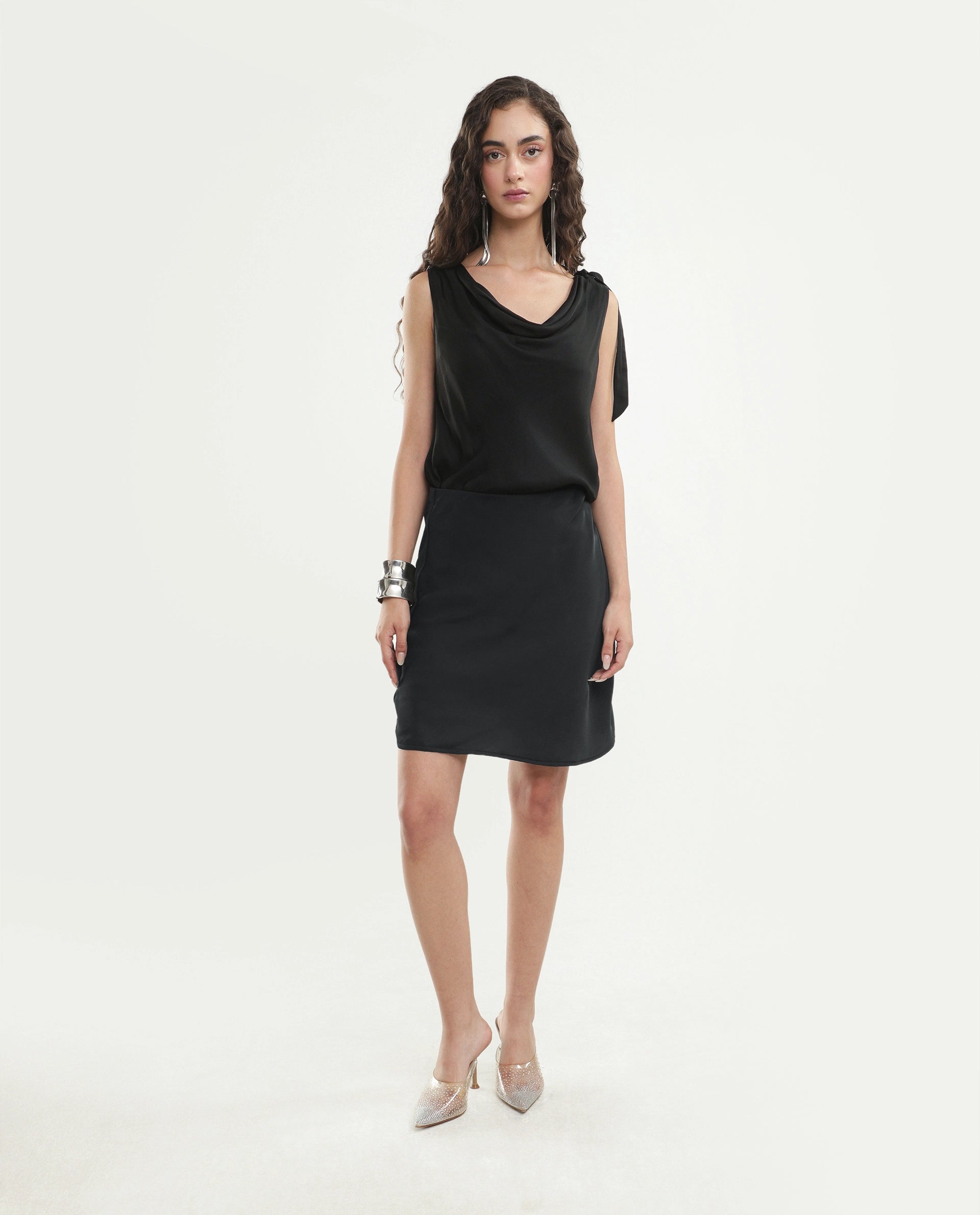 Rareism Women's Petir Black Polyester Elastic Bodycon Plain Skirt