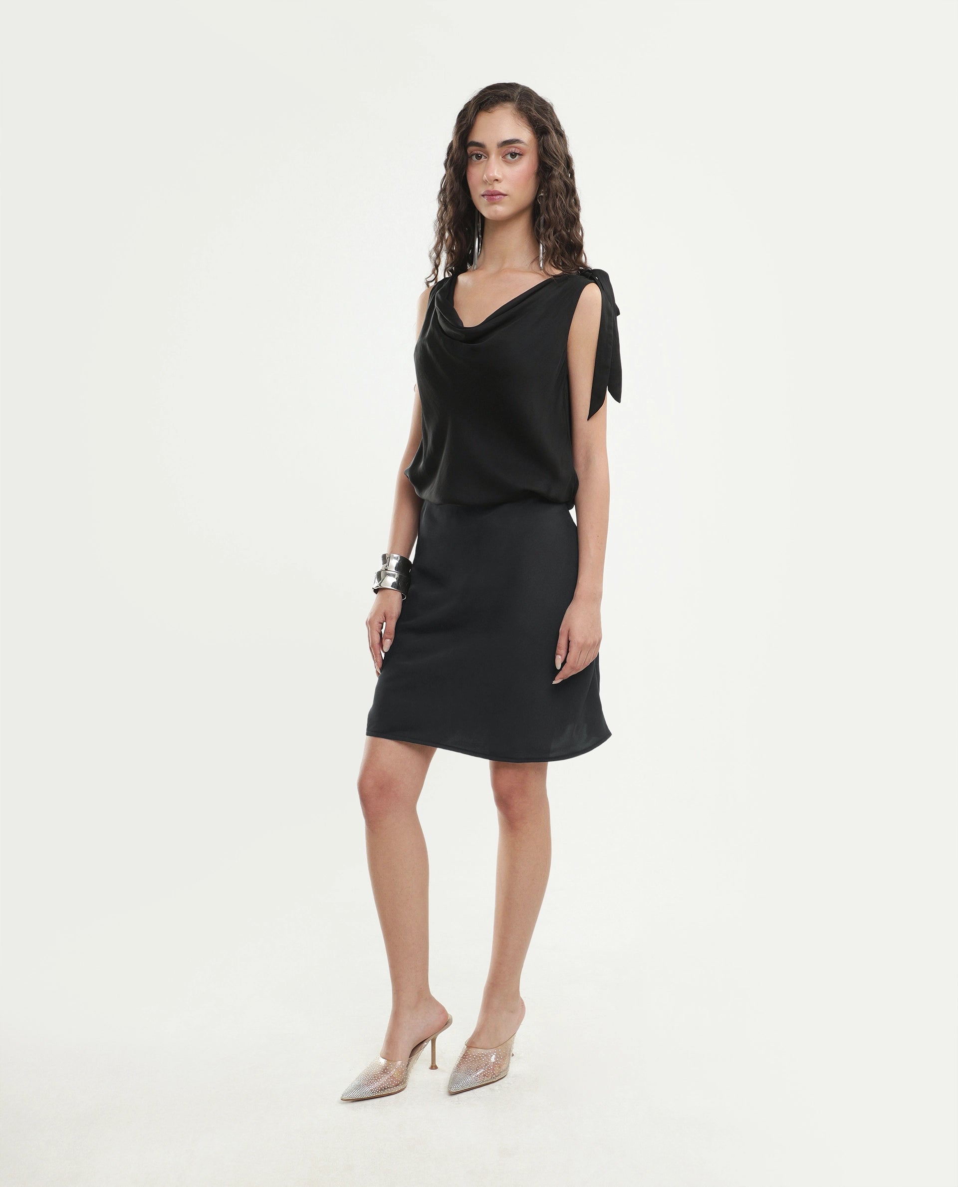 Rareism Women's Petir Black Polyester Elastic Bodycon Plain Skirt