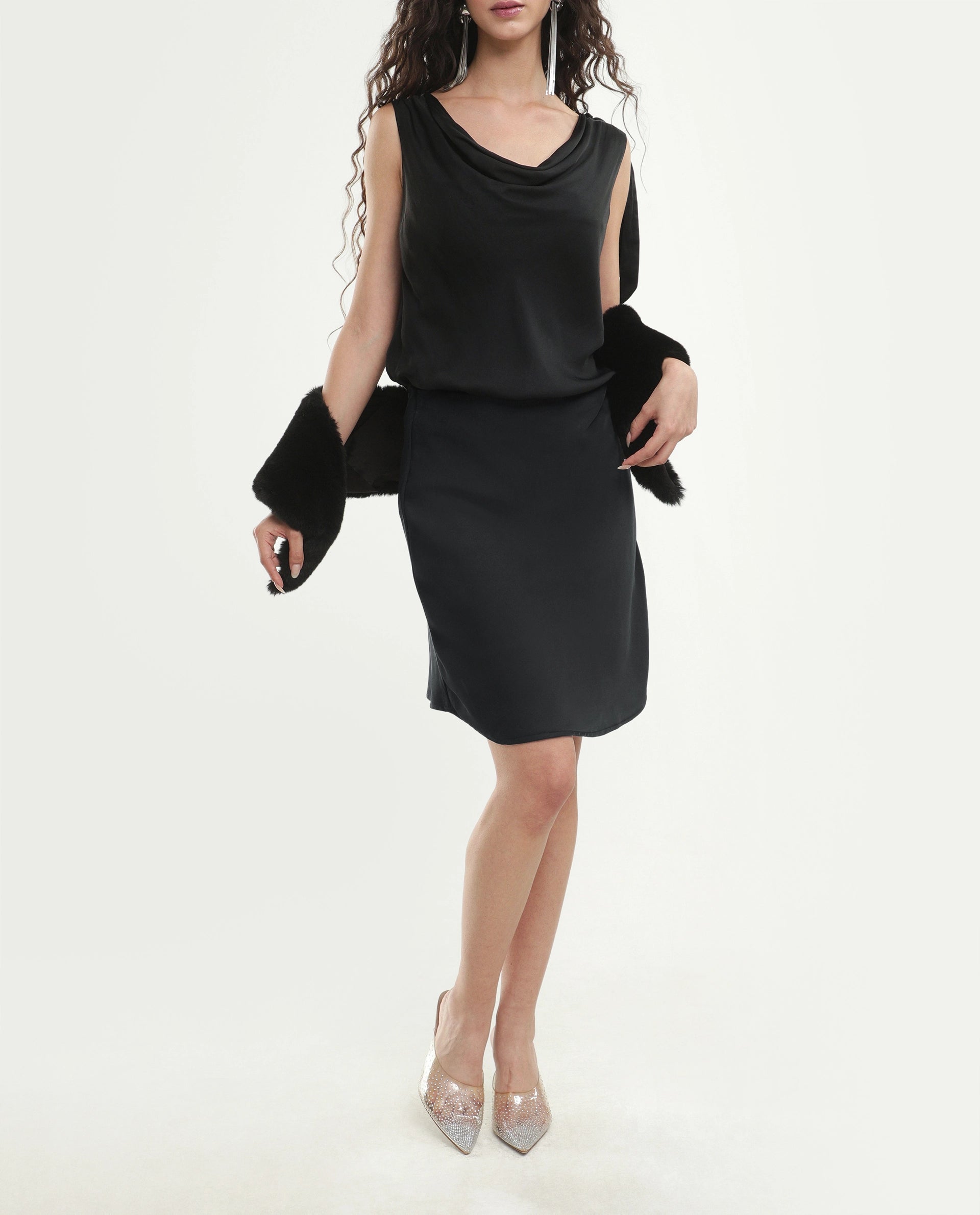 Rareism Women's Petir Black Polyester Elastic Bodycon Plain Skirt
