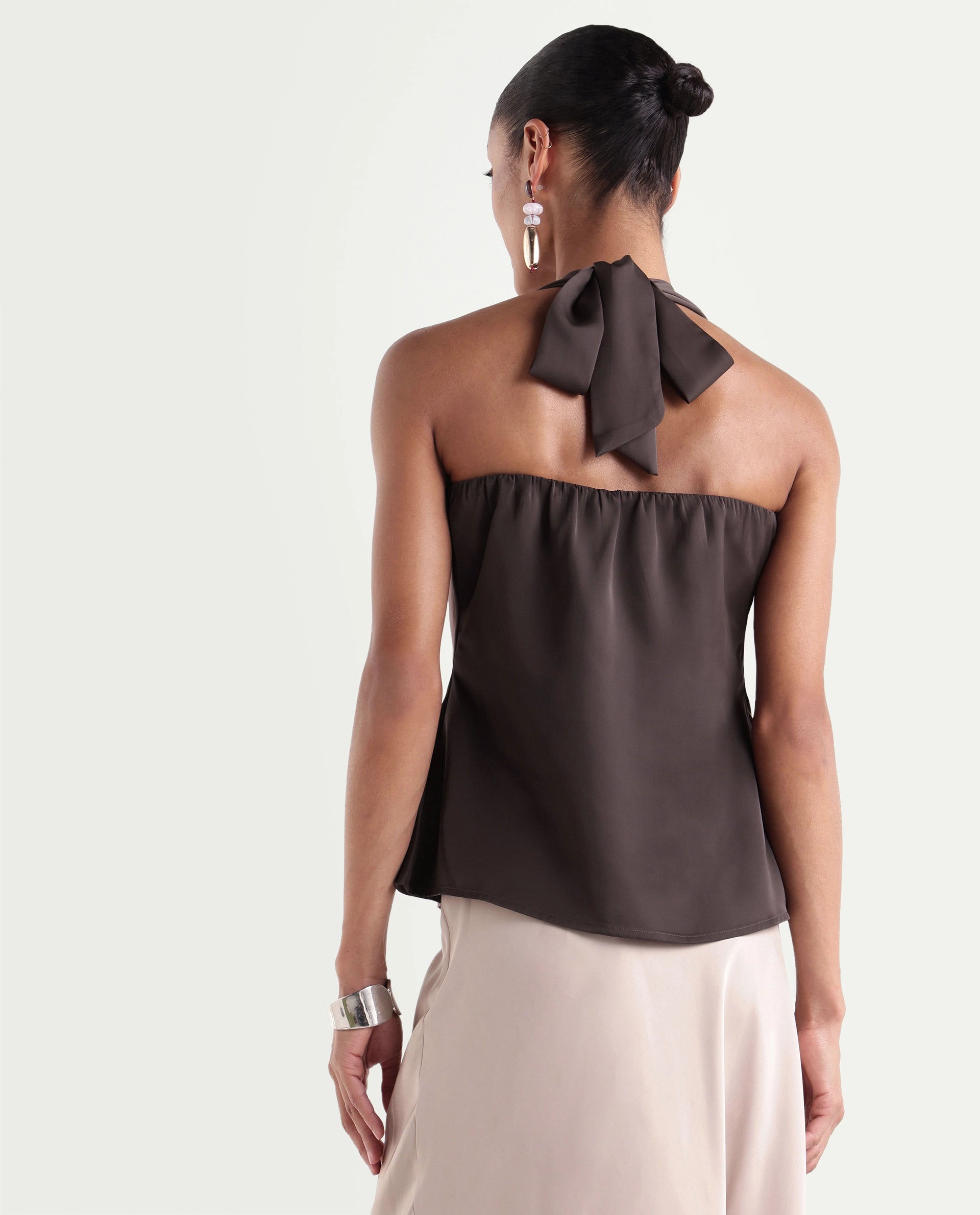 Rareism Women's Petzy Dark Brown Polyester Cowl Neck Tie-Up Regular Plain Top