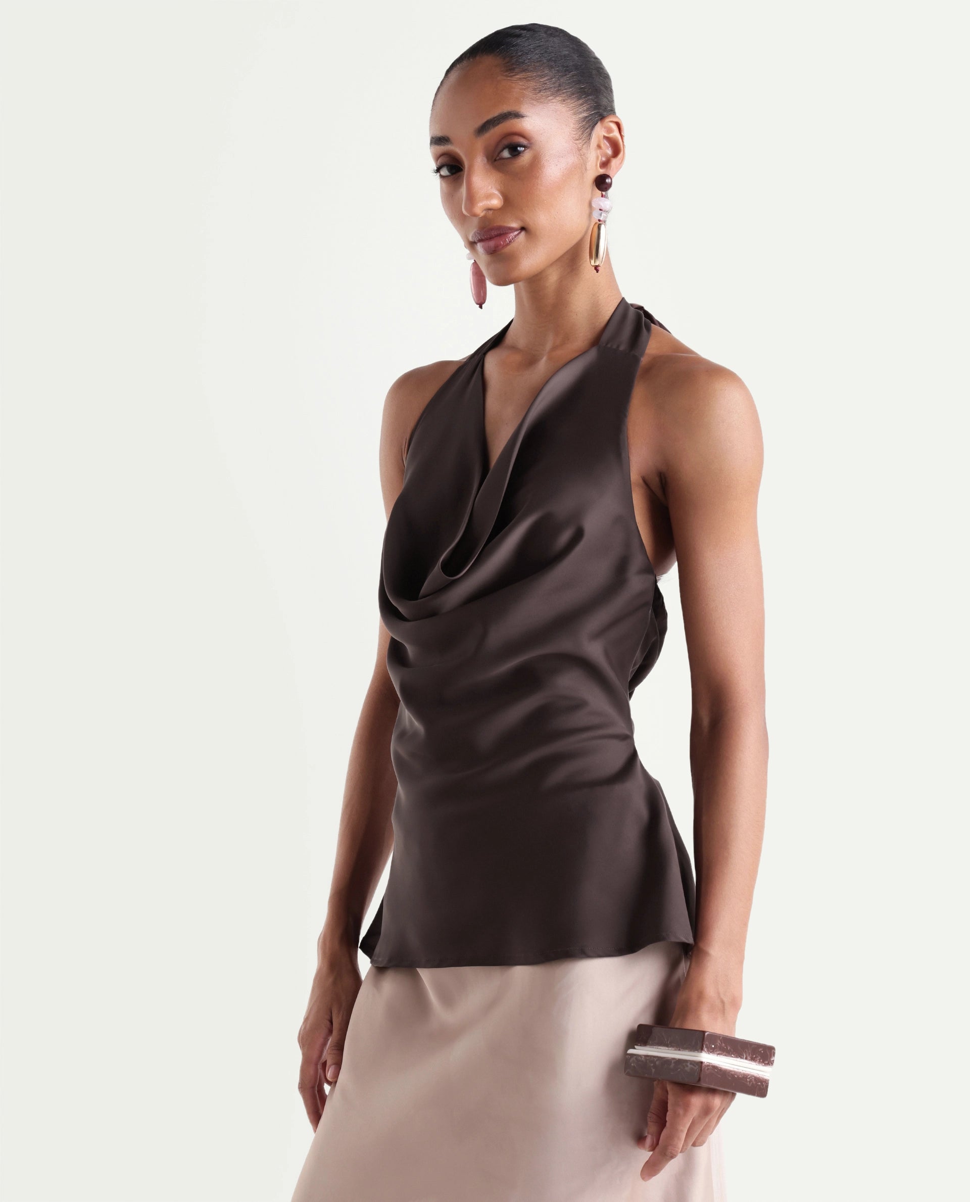 Rareism Women's Petzy Dark Brown Polyester Cowl Neck Tie-Up Regular Plain Top