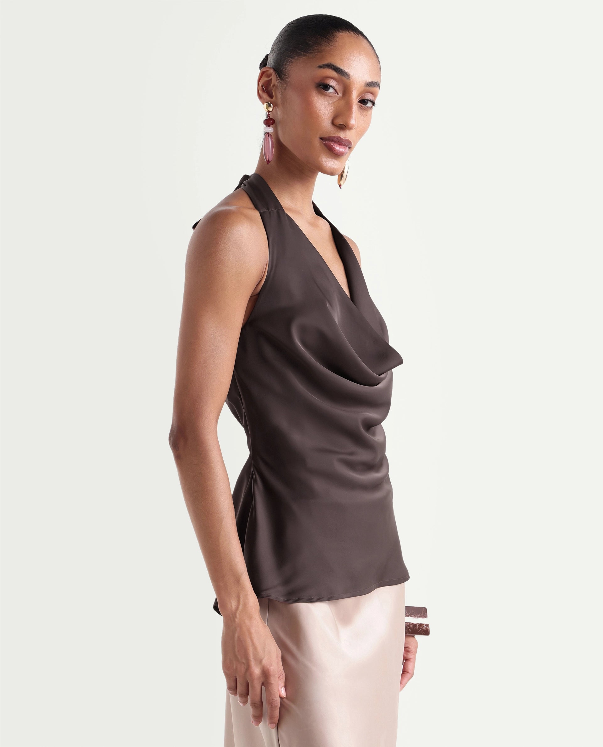 Rareism Women's Petzy Dark Brown Polyester Cowl Neck Tie-Up Regular Plain Top