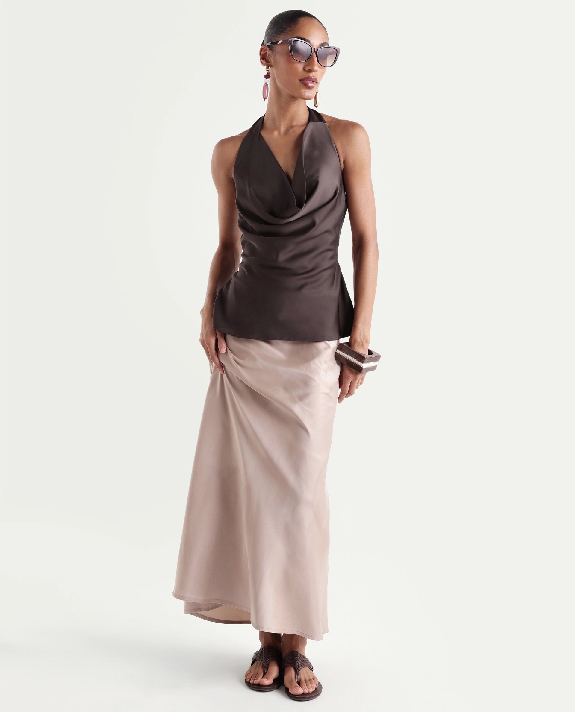 Rareism Women's Petzy Dark Brown Polyester Cowl Neck Tie-Up Regular Plain Top
