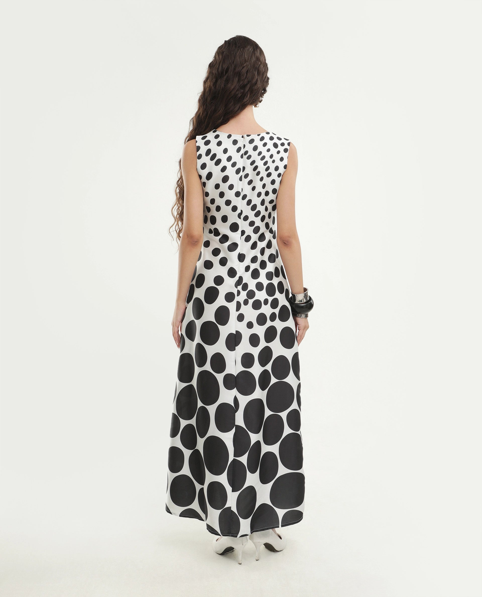 Rareism Women's Polko White Polyester Boat Neck Button And Zip Fitted Polka Print Dress