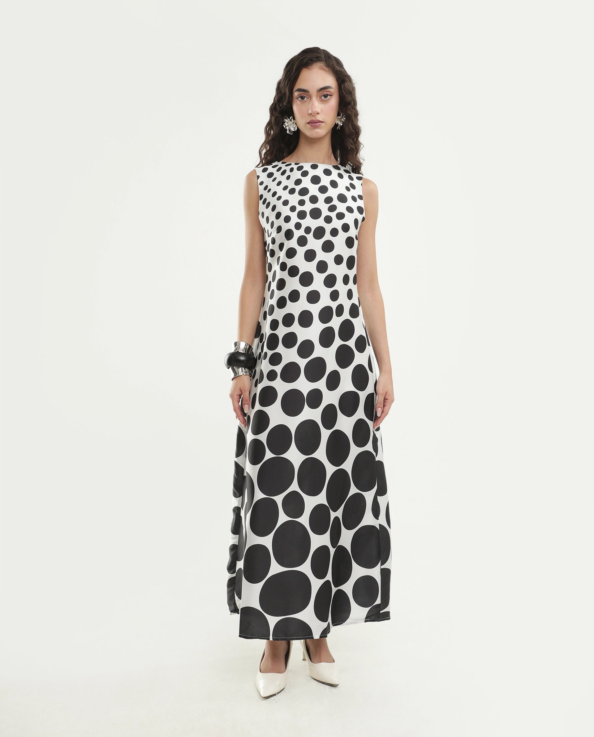 Rareism Women's Polko White Polyester Boat Neck Button And Zip Fitted Polka Print Dress