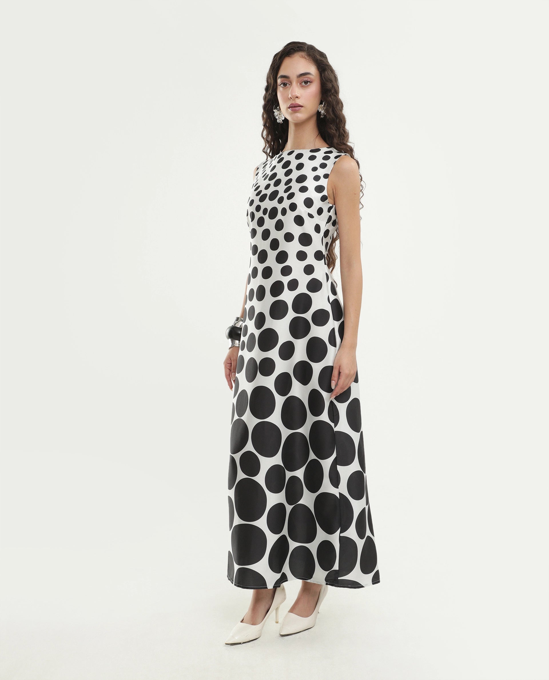 Rareism Women's Polko White Polyester Boat Neck Button And Zip Fitted Polka Print Dress