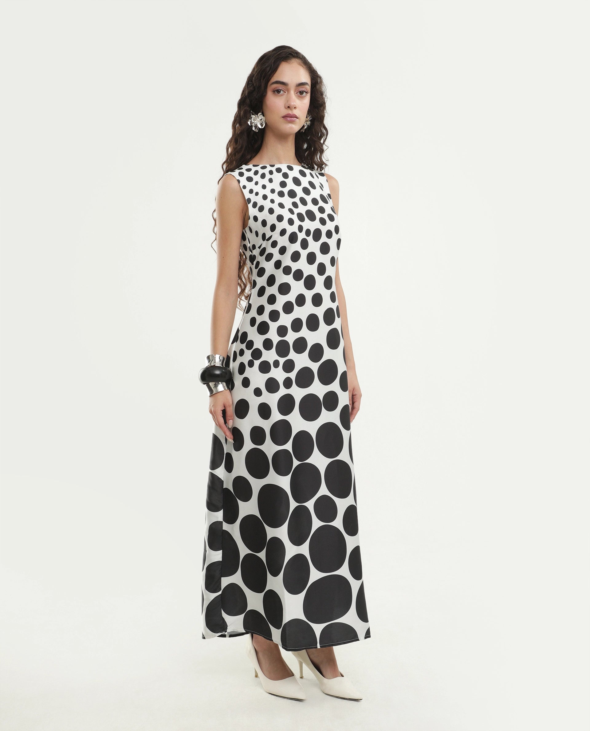 Rareism Women's Polko White Polyester Boat Neck Button And Zip Fitted Polka Print Dress