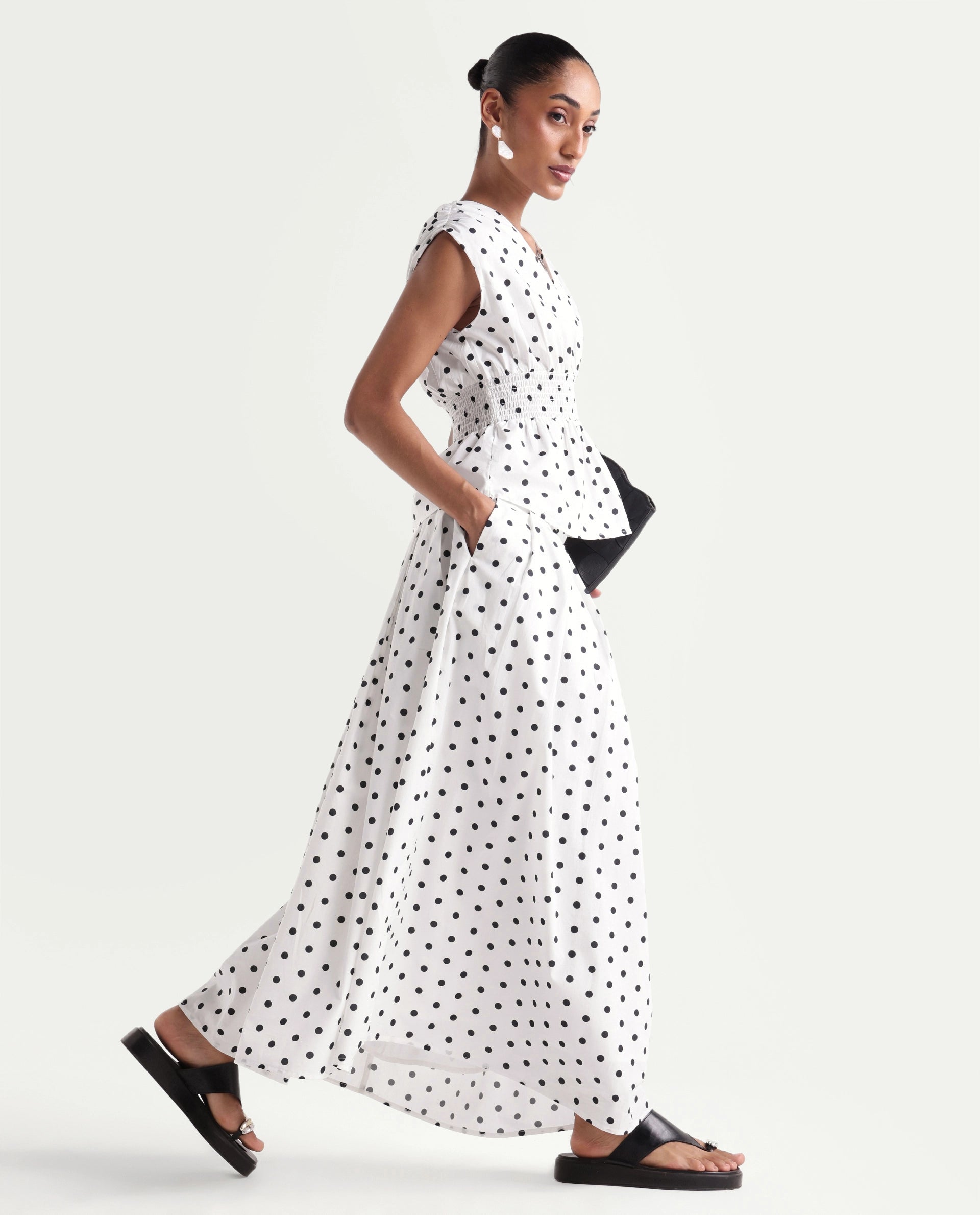 Rareism Women's Polto-B Off White Cotton Button And Zip Flared Polka Print Skirt