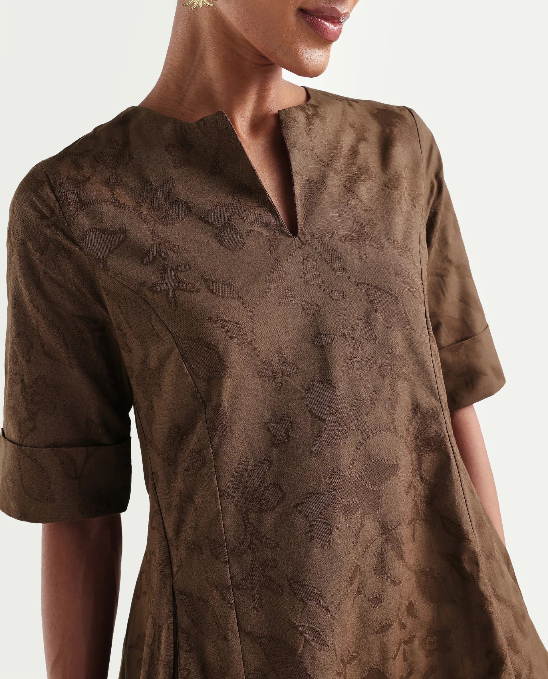 Rareism Women's Ranlin Brown Cotton Crew Neck Regular Jacquard Dress