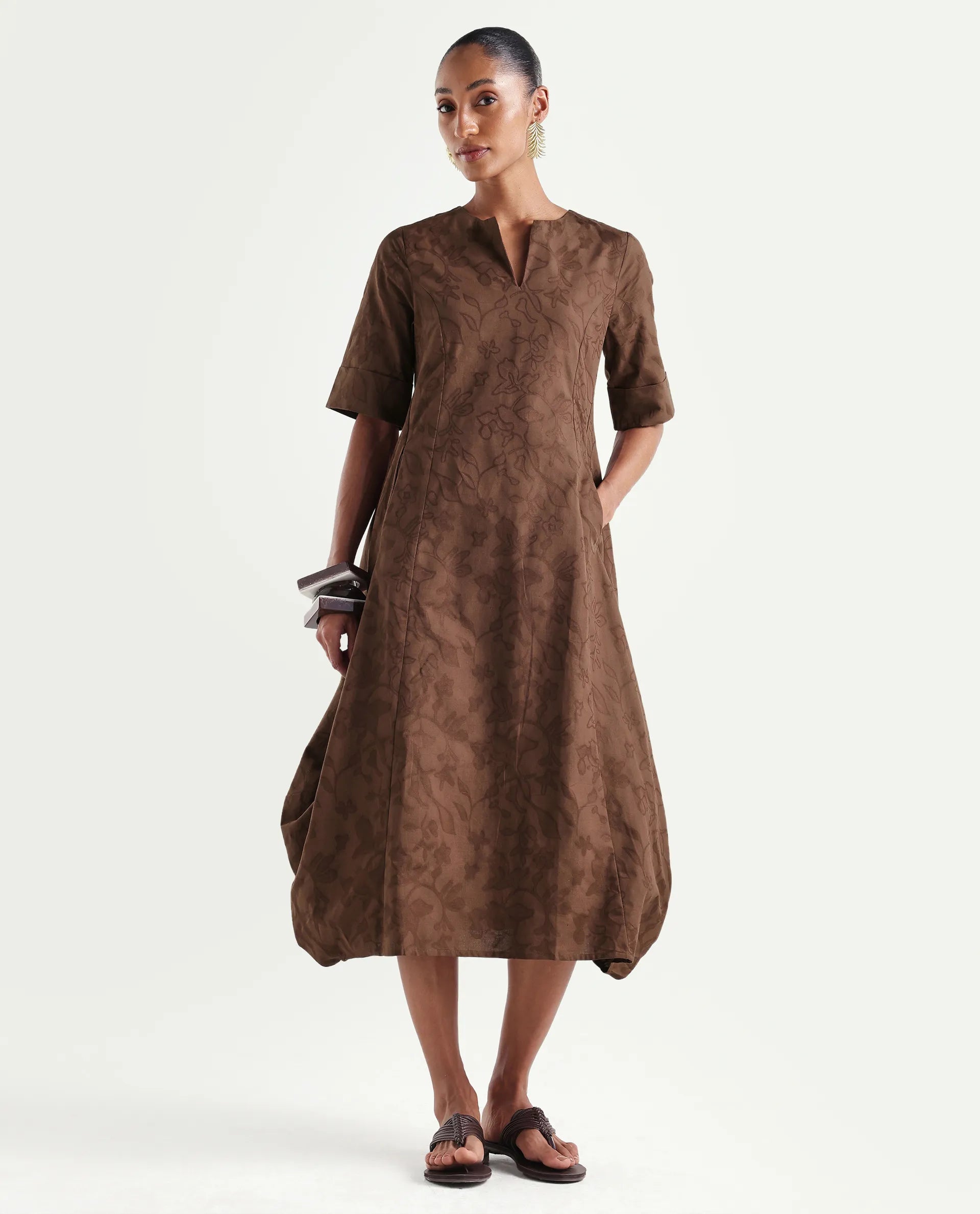 Rareism Women's Ranlin Brown Cotton Crew Neck Regular Jacquard Dress