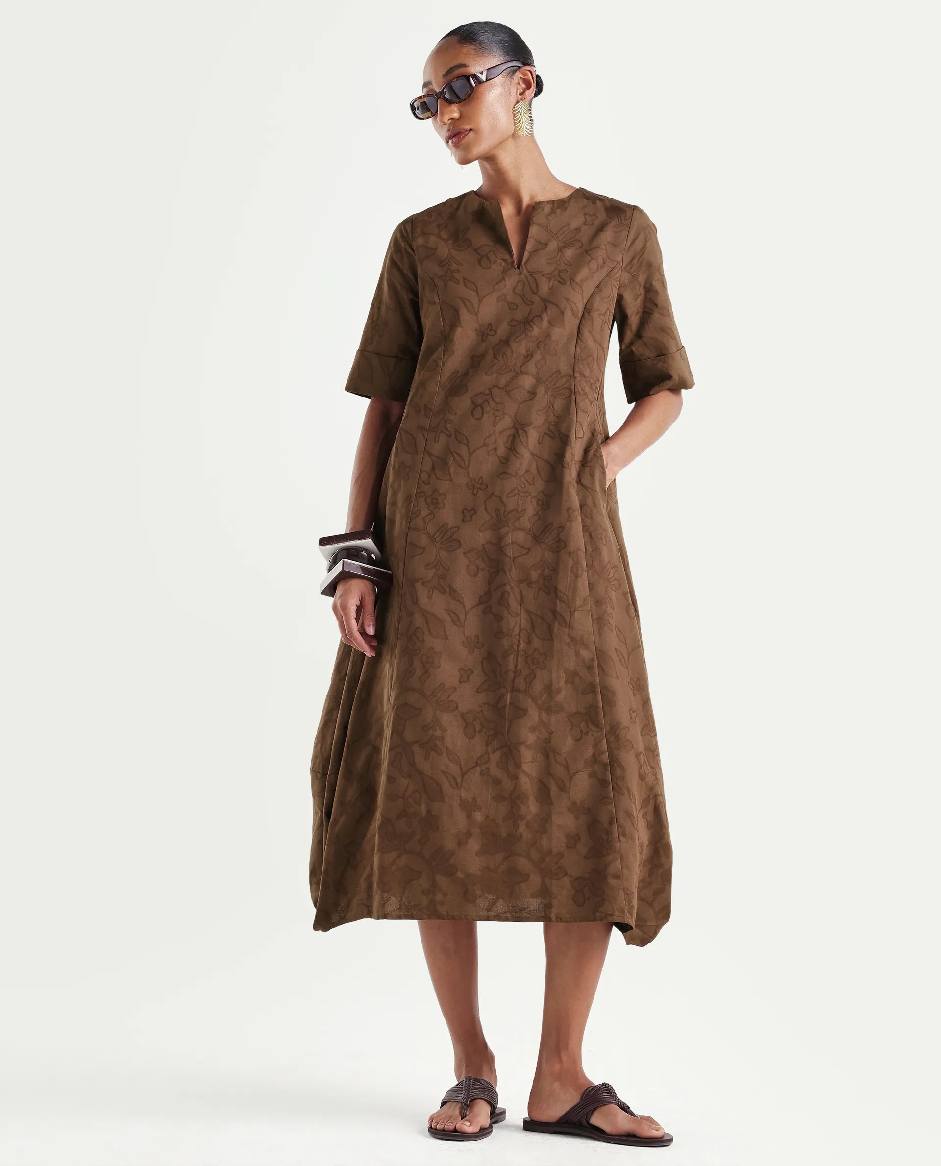 Rareism Women's Ranlin Brown Cotton Crew Neck Regular Jacquard Dress