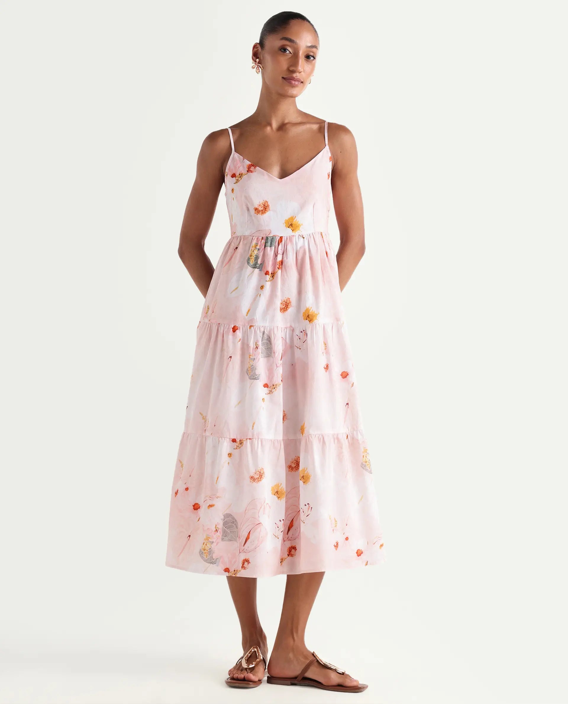Rareism Women's Ruano Pastel Pink Cotton V-Neck Tiered Botanical Print Dress