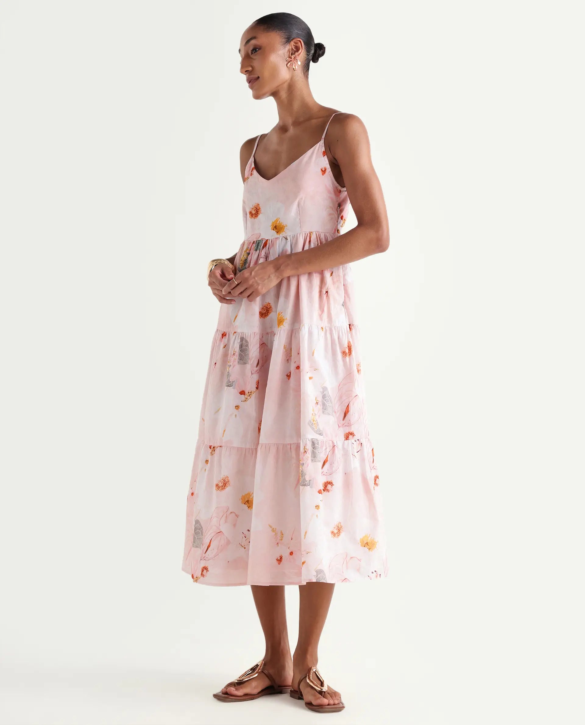 Rareism Women's Ruano Pastel Pink Cotton V-Neck Tiered Botanical Print Dress