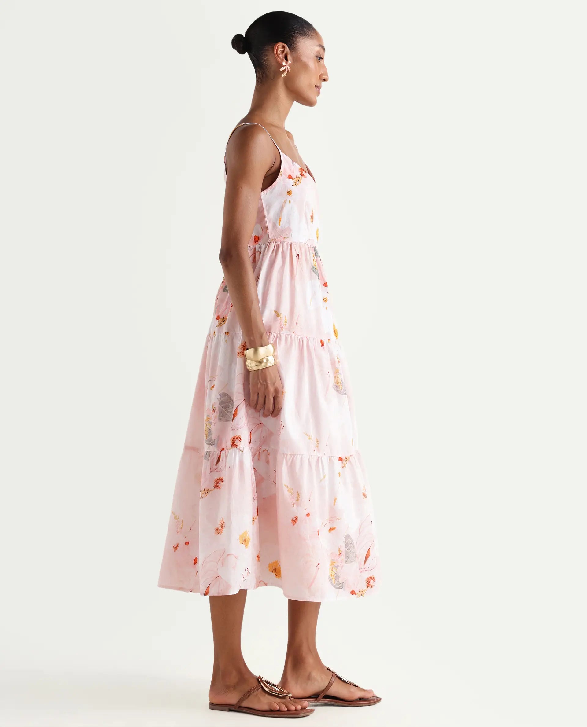 Rareism Women's Ruano Pastel Pink Cotton V-Neck Tiered Botanical Print Dress