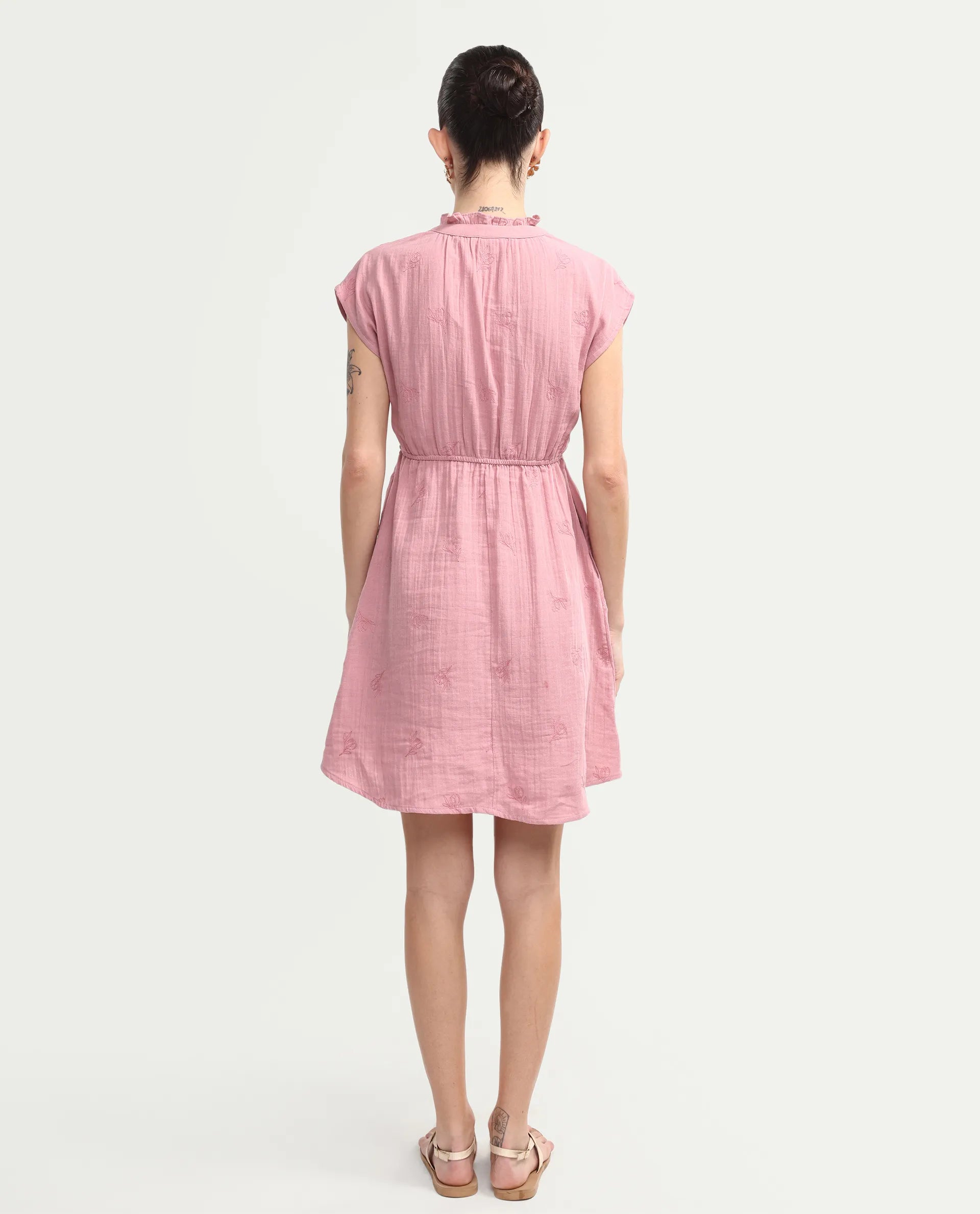 Rareism Women's Rudum Dusky Pink Cotton Ruffled Neck Fit And Flare Plain Dress