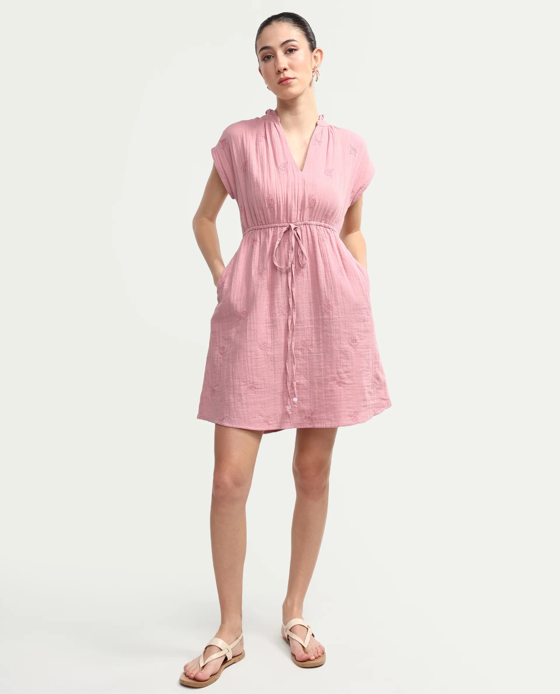 Rareism Women's Rudum Dusky Pink Cotton Ruffled Neck Fit And Flare Plain Dress