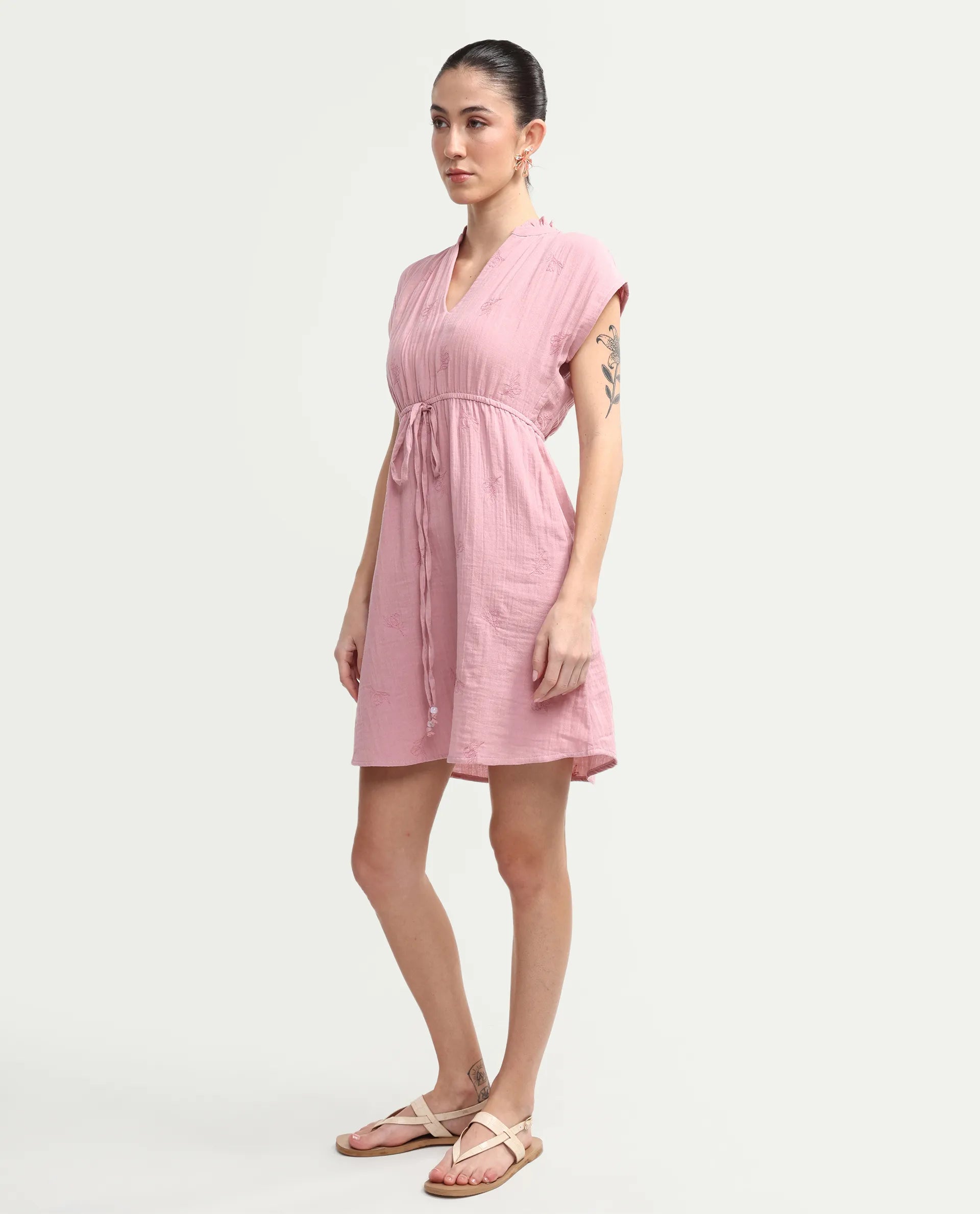 Rareism Women's Rudum Dusky Pink Cotton Ruffled Neck Fit And Flare Plain Dress