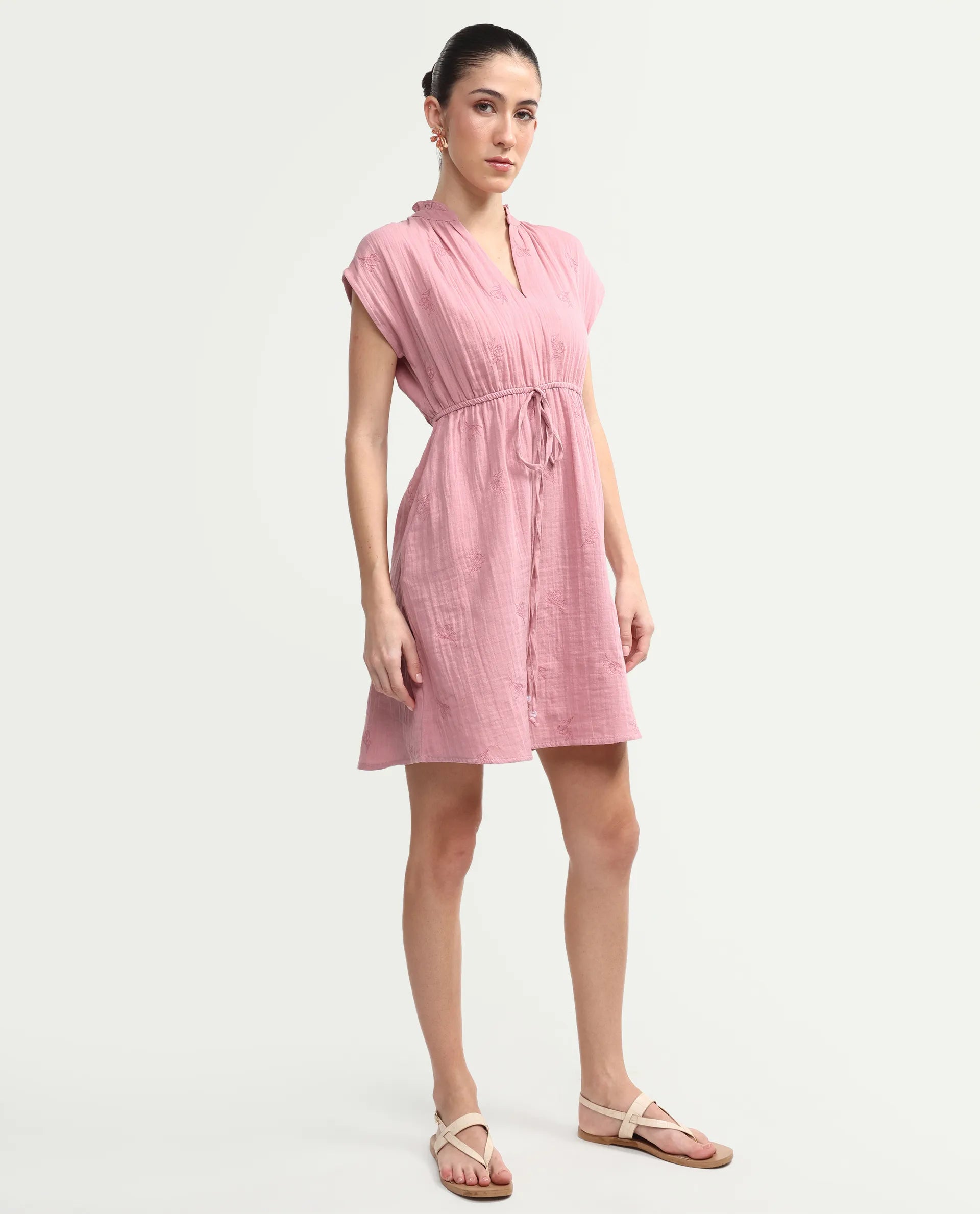 Rareism Women's Rudum Dusky Pink Cotton Ruffled Neck Fit And Flare Plain Dress