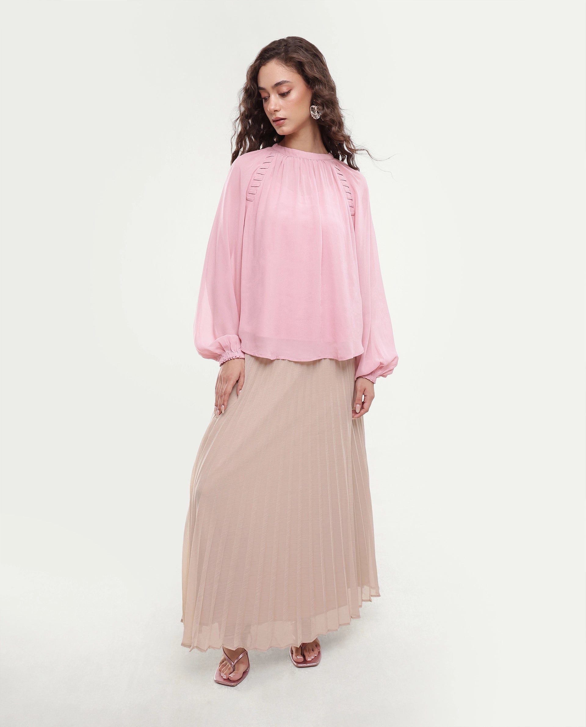 Rareism Women's Rumor Pastel Pink Viscose Fabric Band Collar Oversized Plain Top