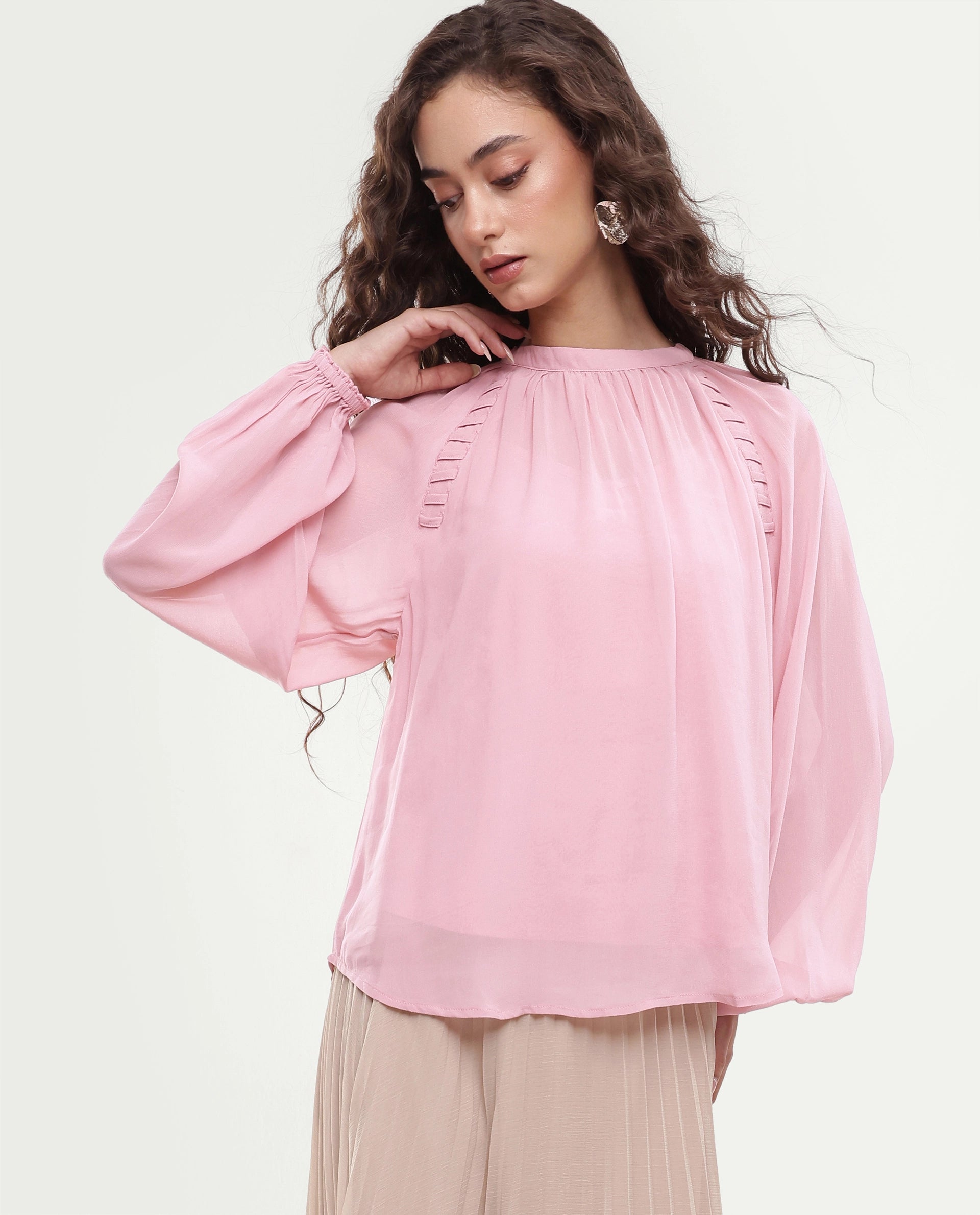 Rareism Women's Rumor Pastel Pink Viscose Fabric Band Collar Oversized Plain Top
