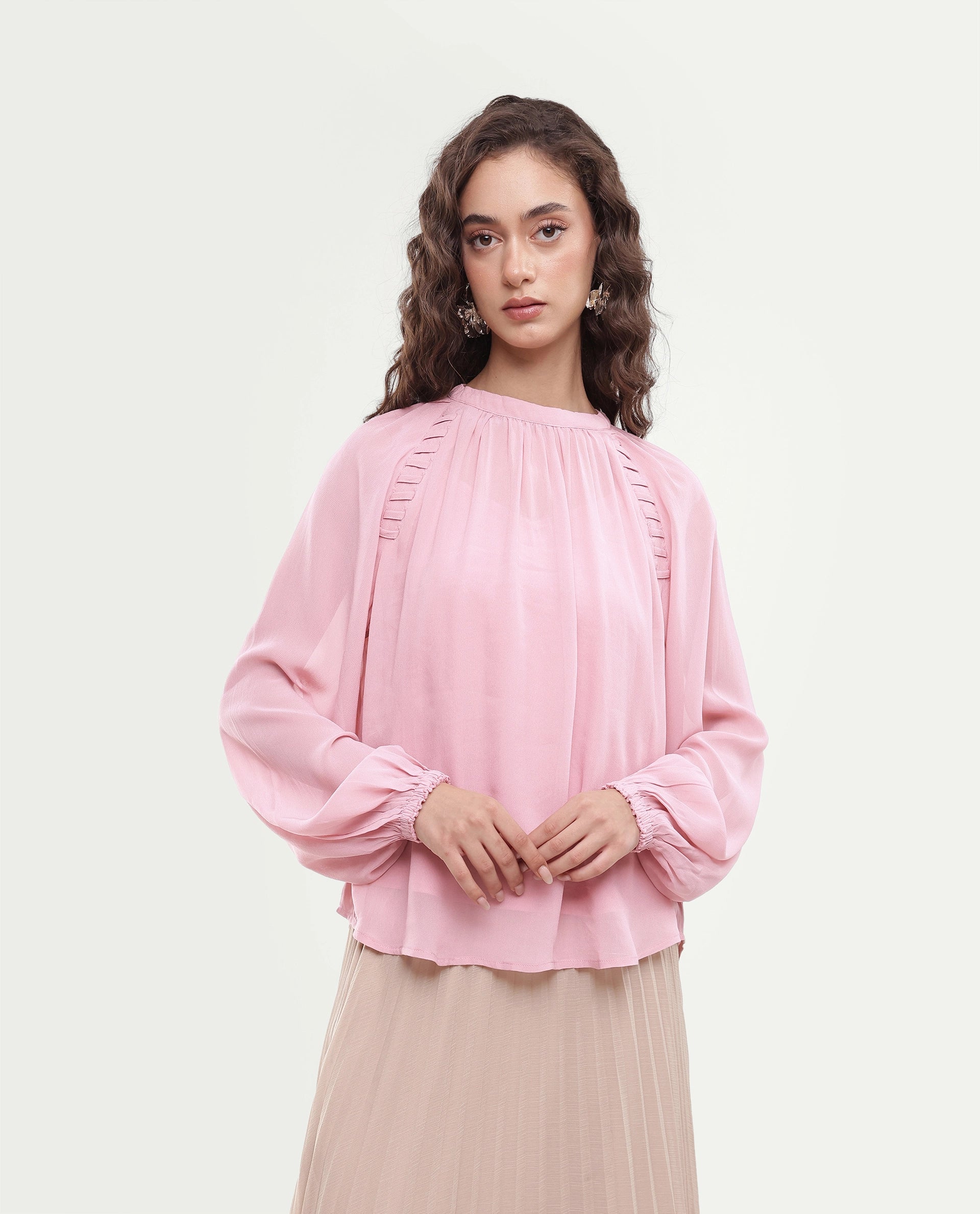 Rareism Women's Rumor Pastel Pink Viscose Fabric Band Collar Oversized Plain Top