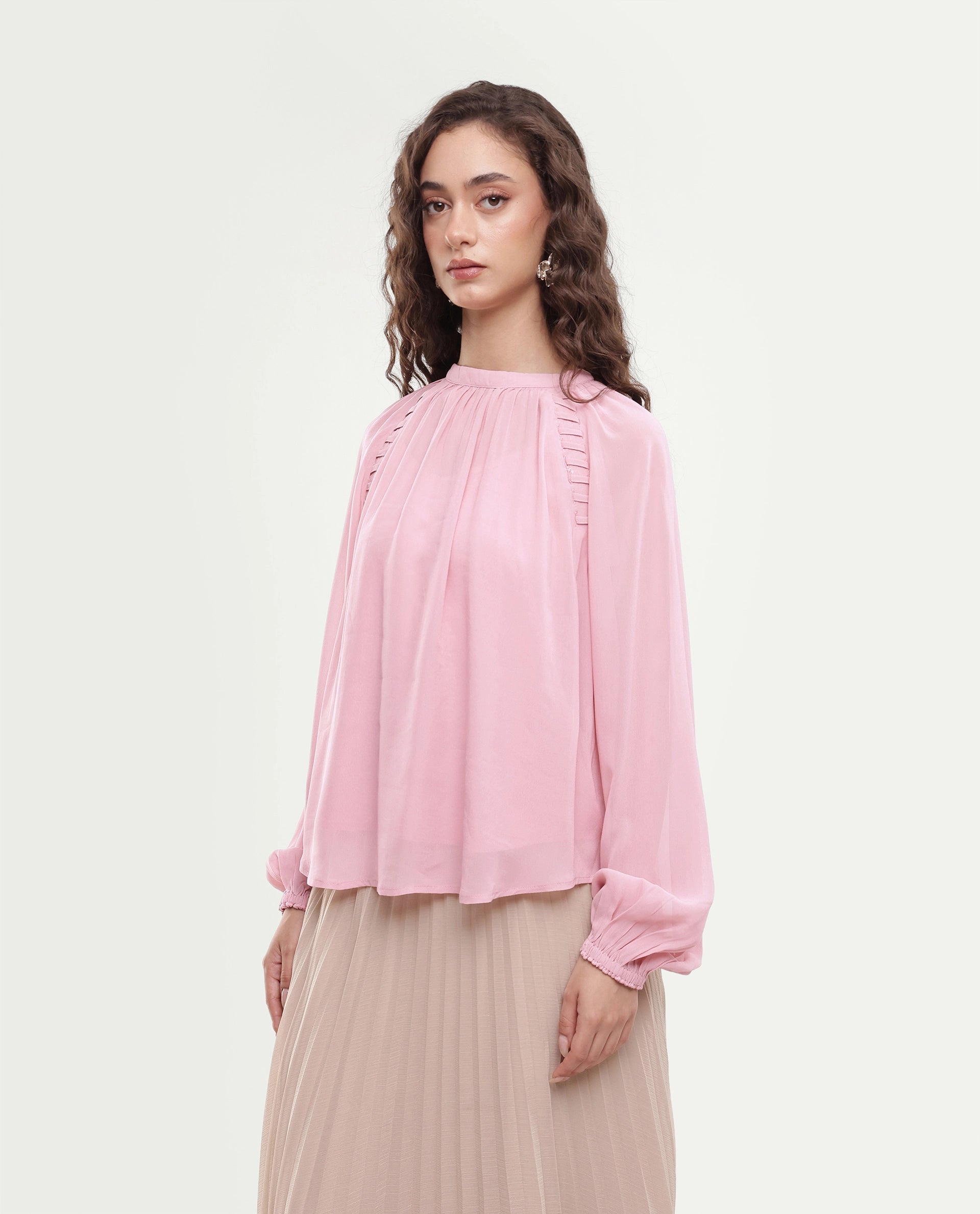 Rareism Women's Rumor Pastel Pink Viscose Fabric Band Collar Oversized Plain Top
