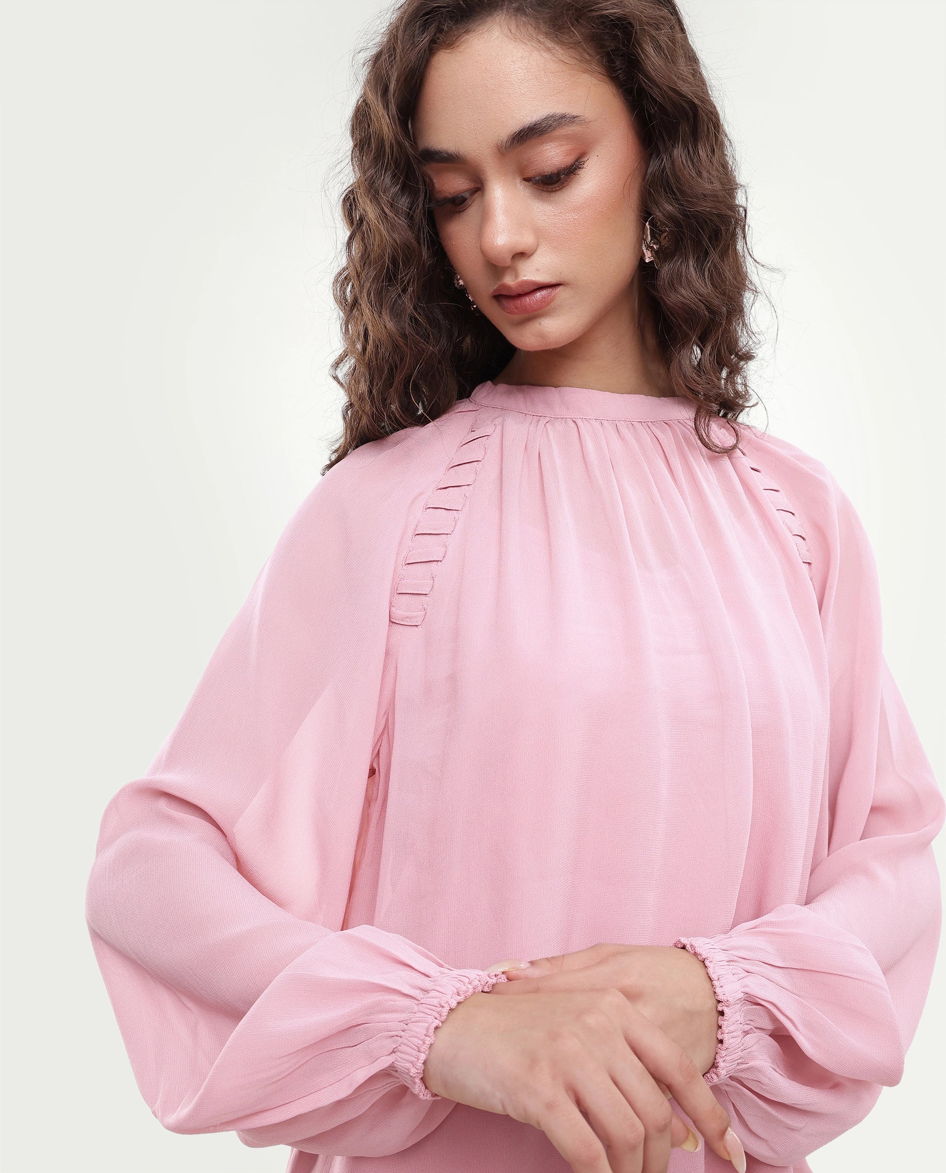 Rareism Women's Rumor Pastel Pink Viscose Fabric Band Collar Oversized Plain Top