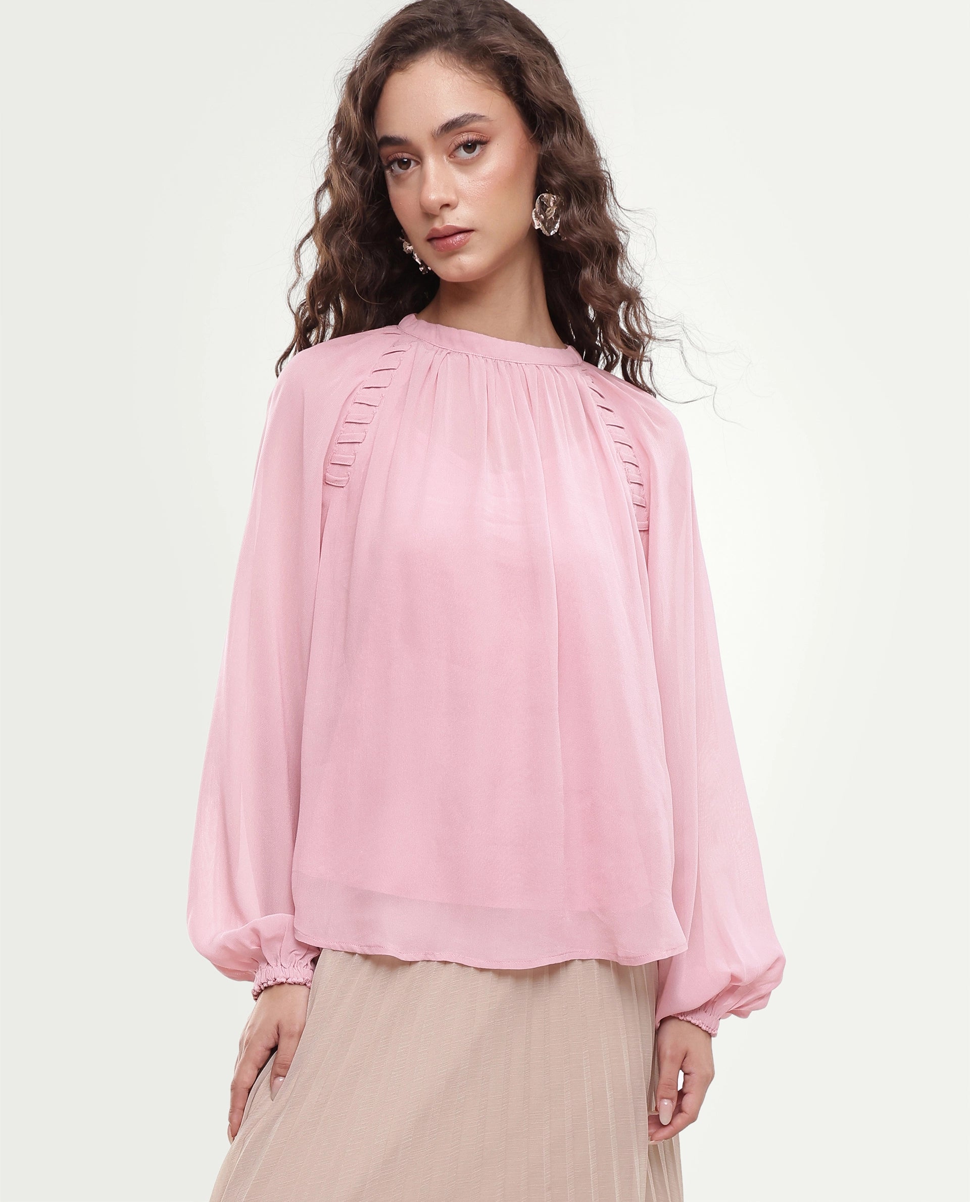 Rareism Women's Rumor Pastel Pink Viscose Fabric Band Collar Oversized Plain Top