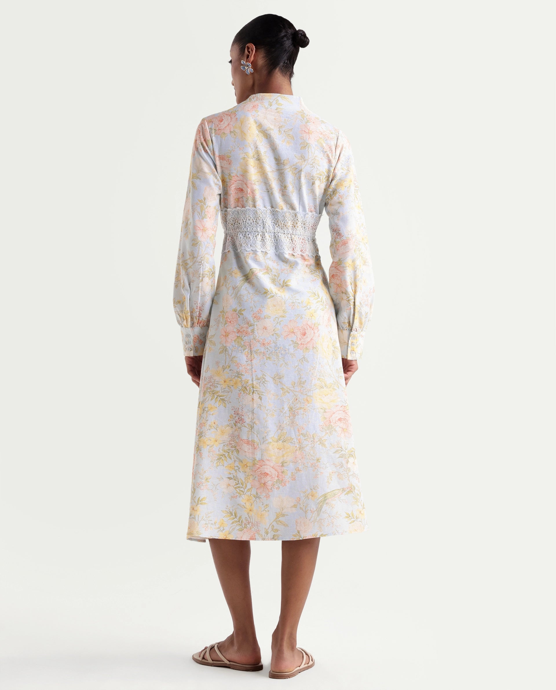Rareism Women's Rurin Pastel Blue Viscose Blend Built-Up A-Line Floral Print Dress