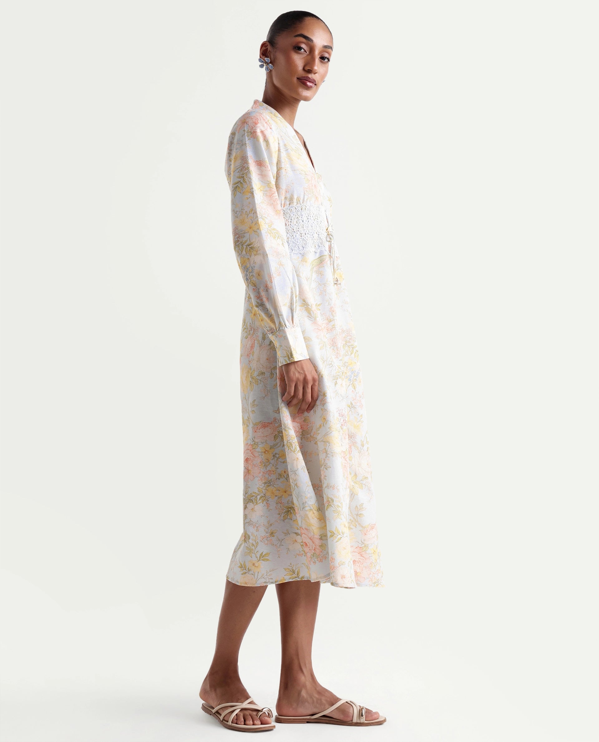Rareism Women's Rurin Pastel Blue Viscose Blend Built-Up A-Line Floral Print Dress